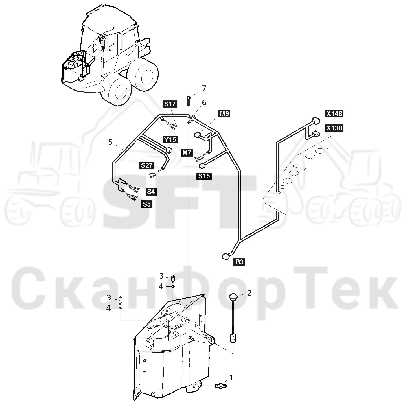 Схема: Valmet / Форвардер / Valmet 830.3 / Valmet 830.3 / Каталог запасных частей / Гидравлика / Бак гидравлики / Электрический набор Бак гидравлики