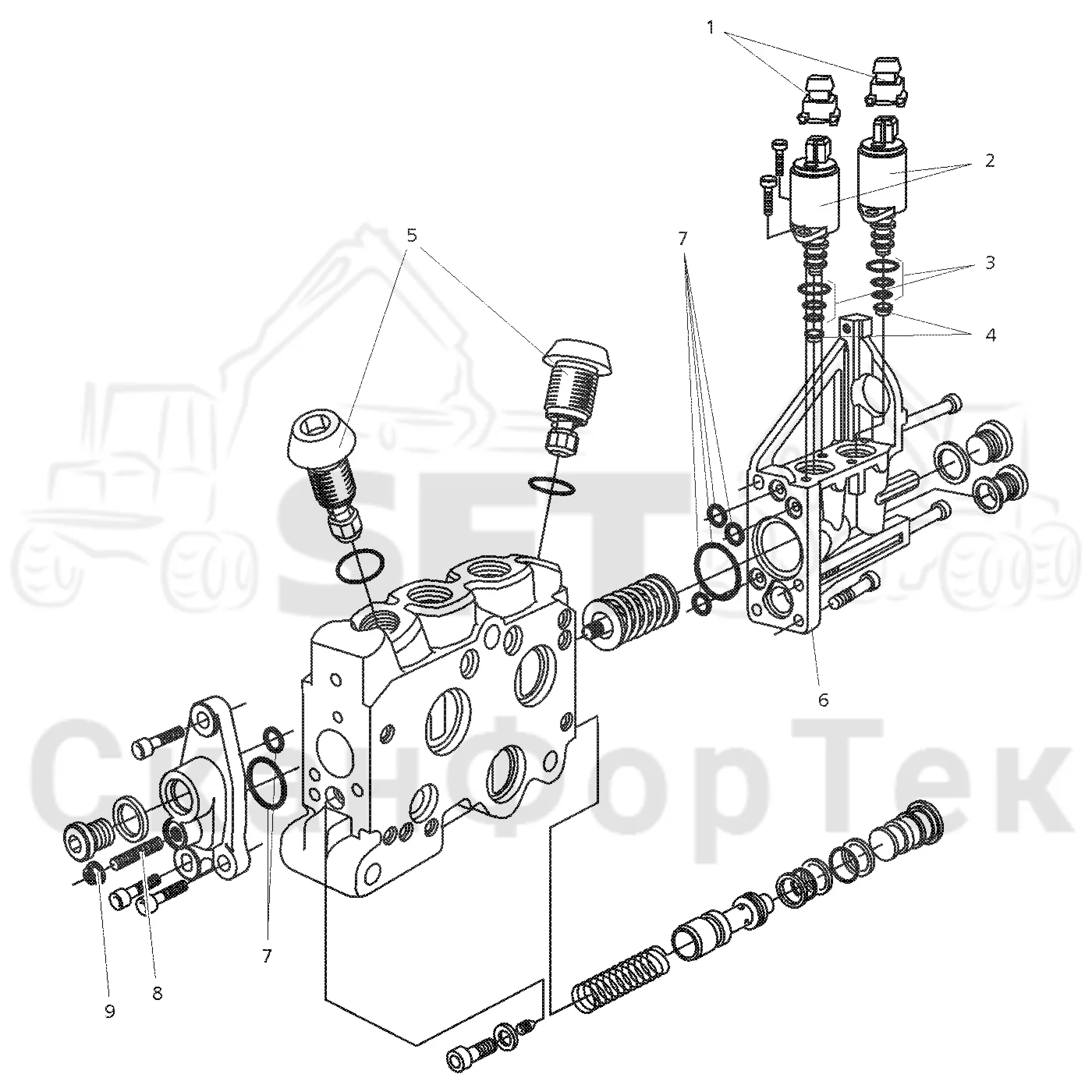 Схема: Komatsu / Форвардер / 830.3 / Каталог запасных частей / Гидравлика / Узел клапана / Секция клапана строгального лезвия