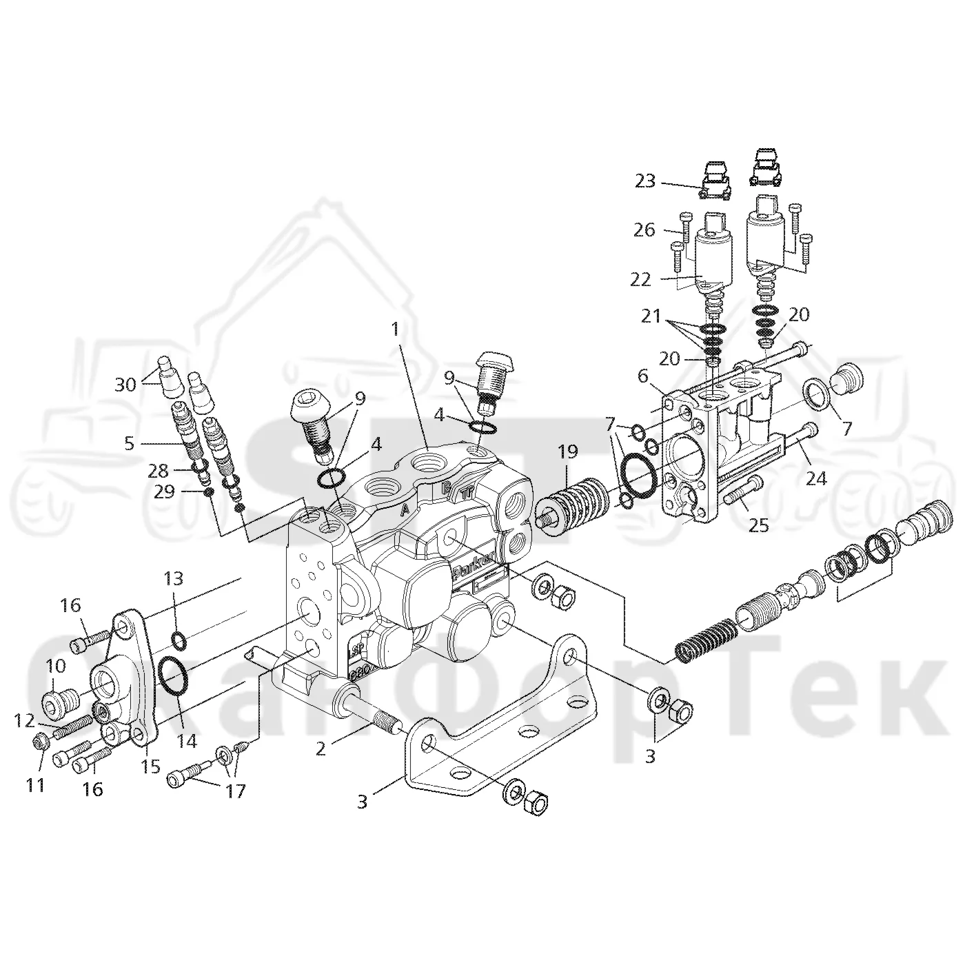 Схема: Valmet / Форвардер / Valmet 840.3 / Valmet 840.3 Ch. 311174- / Valmet 840.3 Ch. 311174- / Каталог запасных частей / Гидравлика / Узел клапана / Торцевая секция