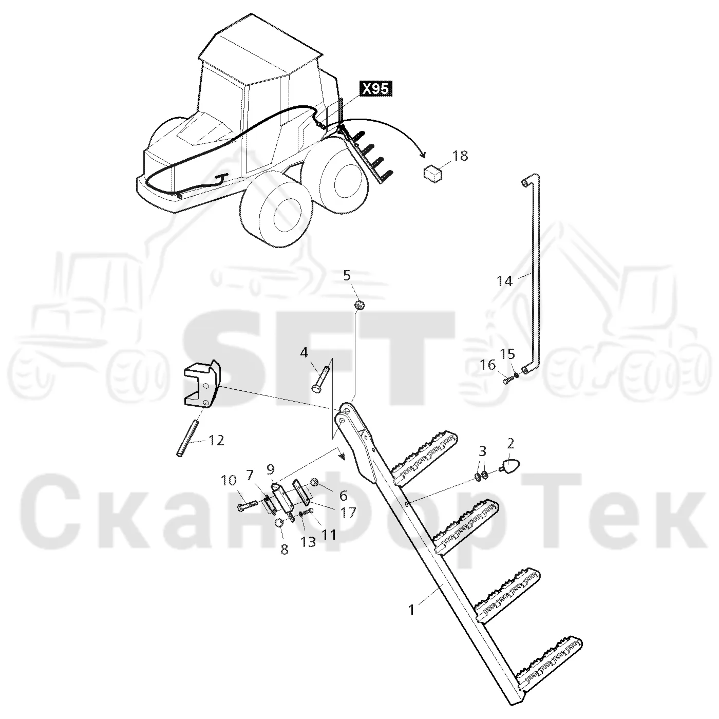 Схема: Valmet / Форвардер / Valmet 890.1 / Valmet 890.1 Ch. -117350, -119440 / Valmet 890.1 Ch. -117350, -11 / Каталог запасных частей / шасси / Ступени, лестницы и платформы / Лестница бака гидравлического масла