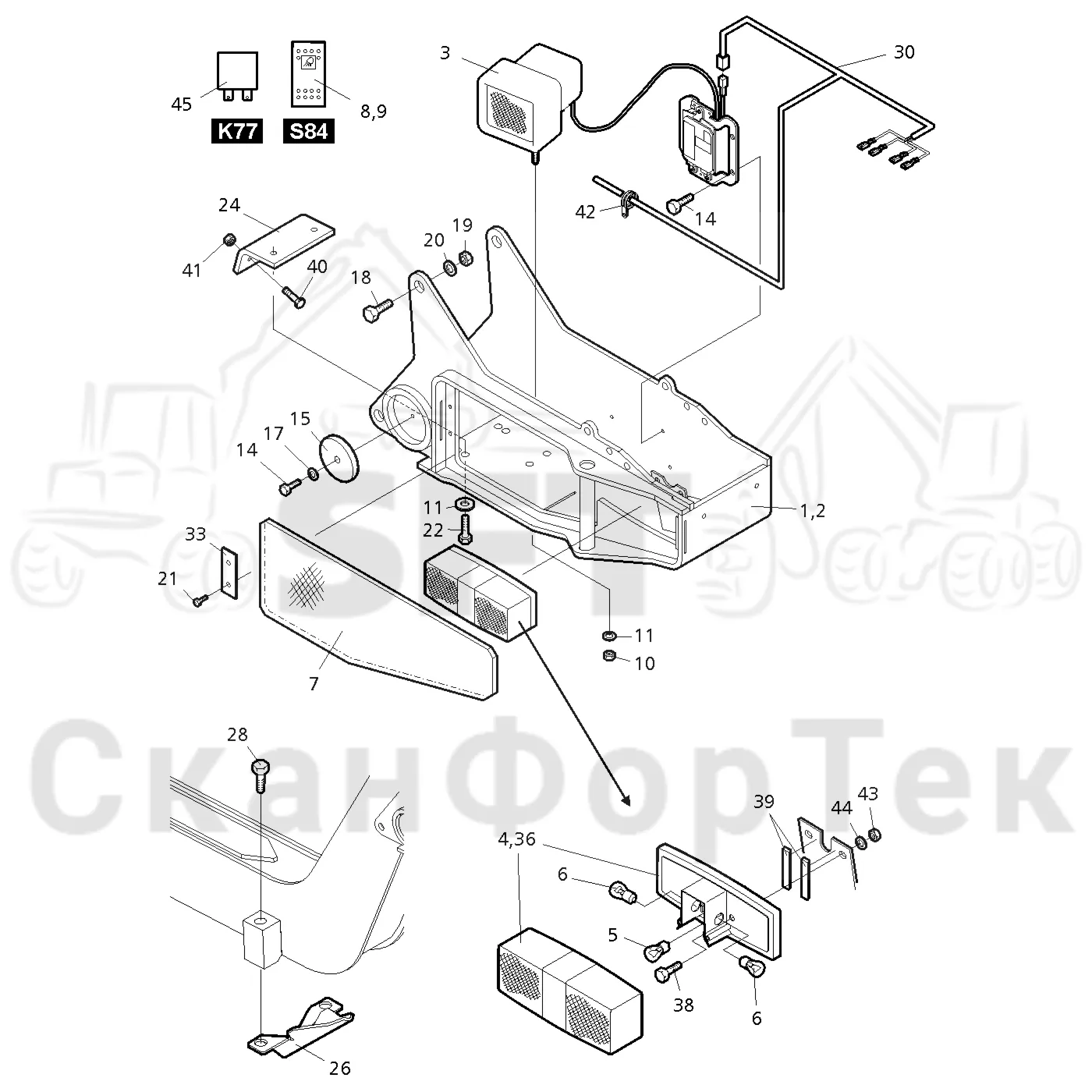Схема: Valmet / Форвардер / Valmet 860.3 / Valmet 860.3 / Каталог запасных частей / шасси / Электрический Оборудование / Рабочие лампы, ксеноновые