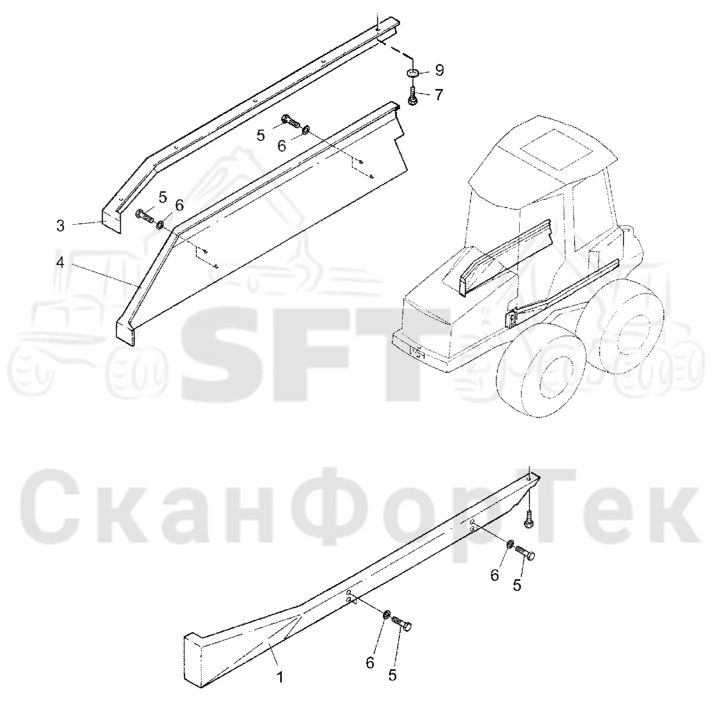 Схема: Valmet / Форвардер / Valmet 890.2 / Valmet 890.2 / Каталог запасных частей / шасси / Капоты и крышки / Защитные крышки под кабиной
