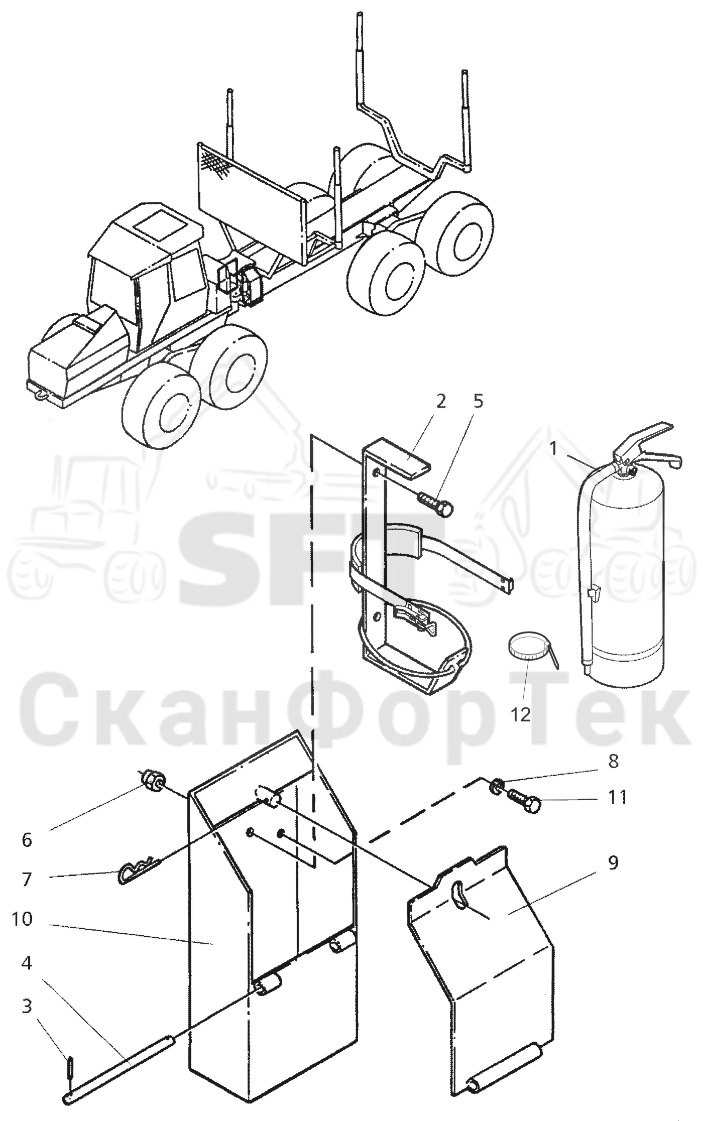 Схема: Valmet / Форвардер / Valmet 890.3 / Valmet 890.3 / Каталог запасных частей / шасси / Пожаротушение / Огнетушитель