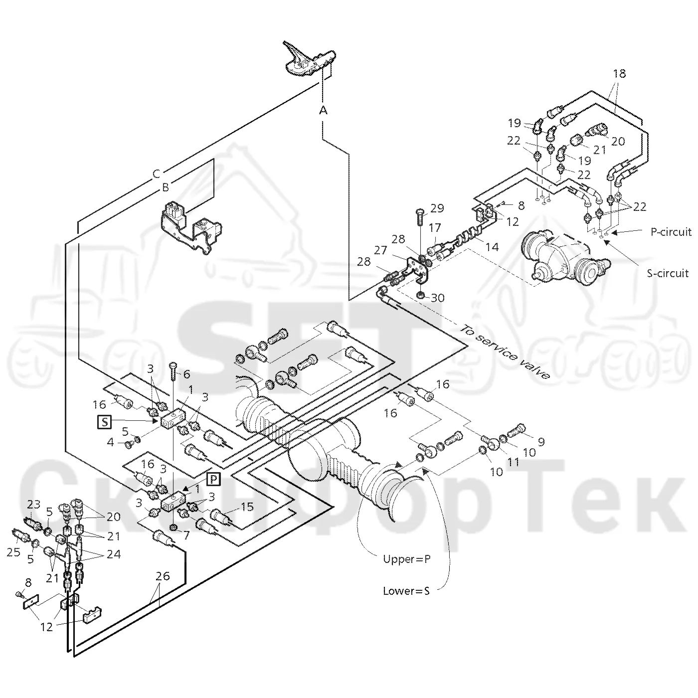 Схема: Valmet / Форвардер / Valmet 890.3 / Valmet 890.3 / Каталог запасных частей / Тормоза / Тормоза на 6 колес / Тормозная система