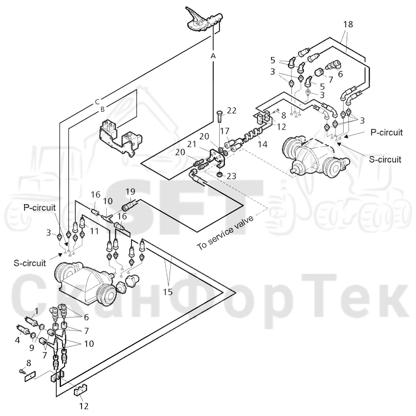 Схема: Valmet / Форвардер / Valmet 890.2 / Valmet 890.2 / Каталог запасных частей / Тормоза / Тормоза на 8 колес / Тормозная система