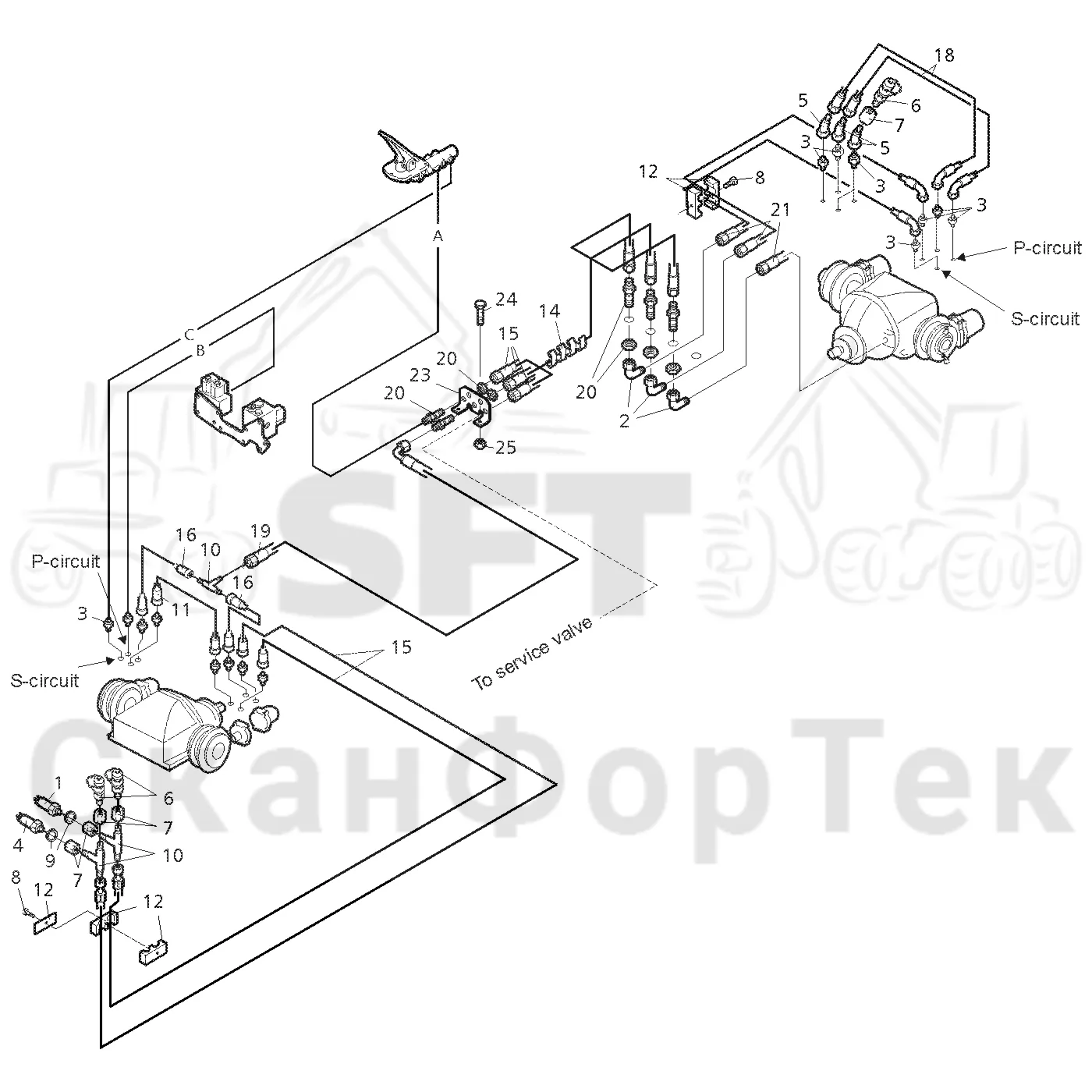 Схема: Valmet / Форвардер / Valmet 890.3 / Valmet 890.3 / Каталог запасных частей / Тормоза / Тормоза на 8 колес / Тормоз агрегат подготовки почвы