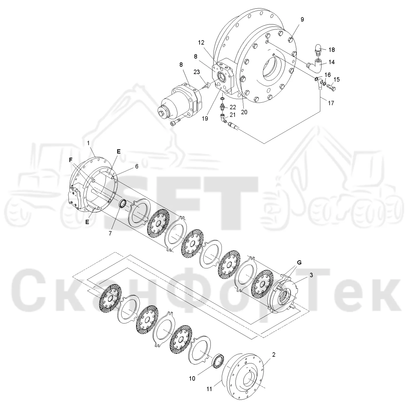 Схема: Komatsu / Форвардер / 890.3 / Каталог запасных частей / Тормоза / Тормозная коробка / Тормозная коробка