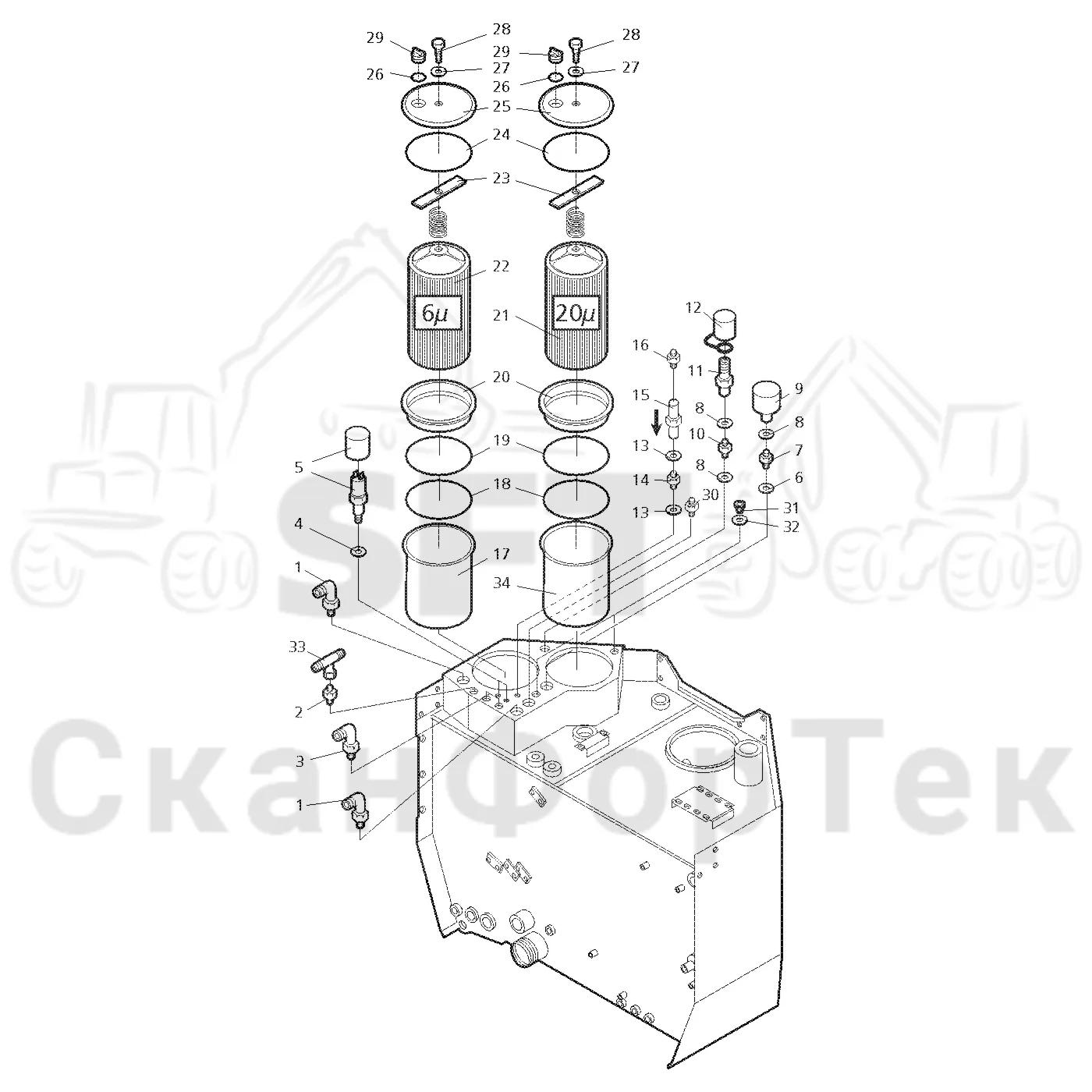 Схема: Komatsu / Форвардер / 890.3 / Каталог запасных частей / Гидравлика / Бак гидравлики / Корпус фильтра