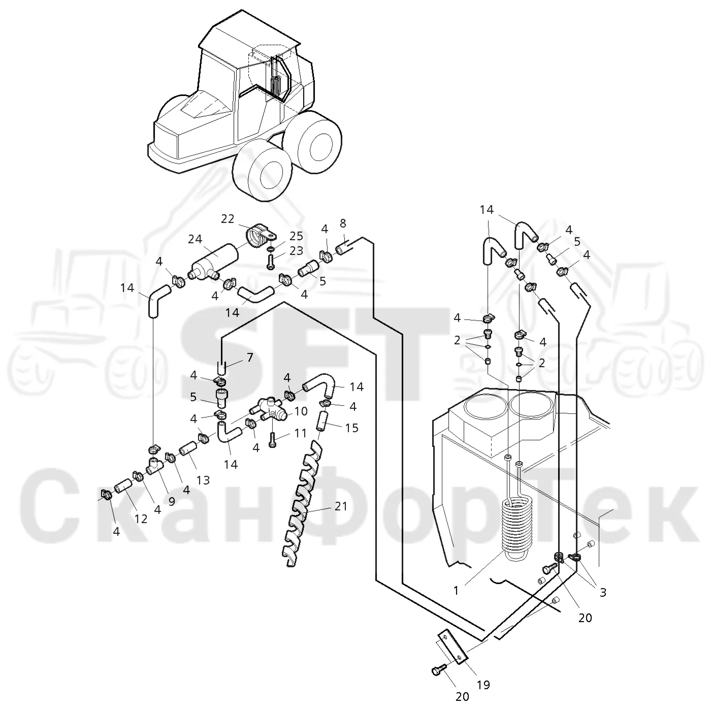 Схема: Valmet / Форвардер / Valmet 890.1 / Valmet 890.1 Ch. -117350, -119440 / Valmet 890.1 Ch. -117350, -11 / Каталог запасных частей / Гидравлика / Бак гидравлики / Подогреватель бака гидравлики