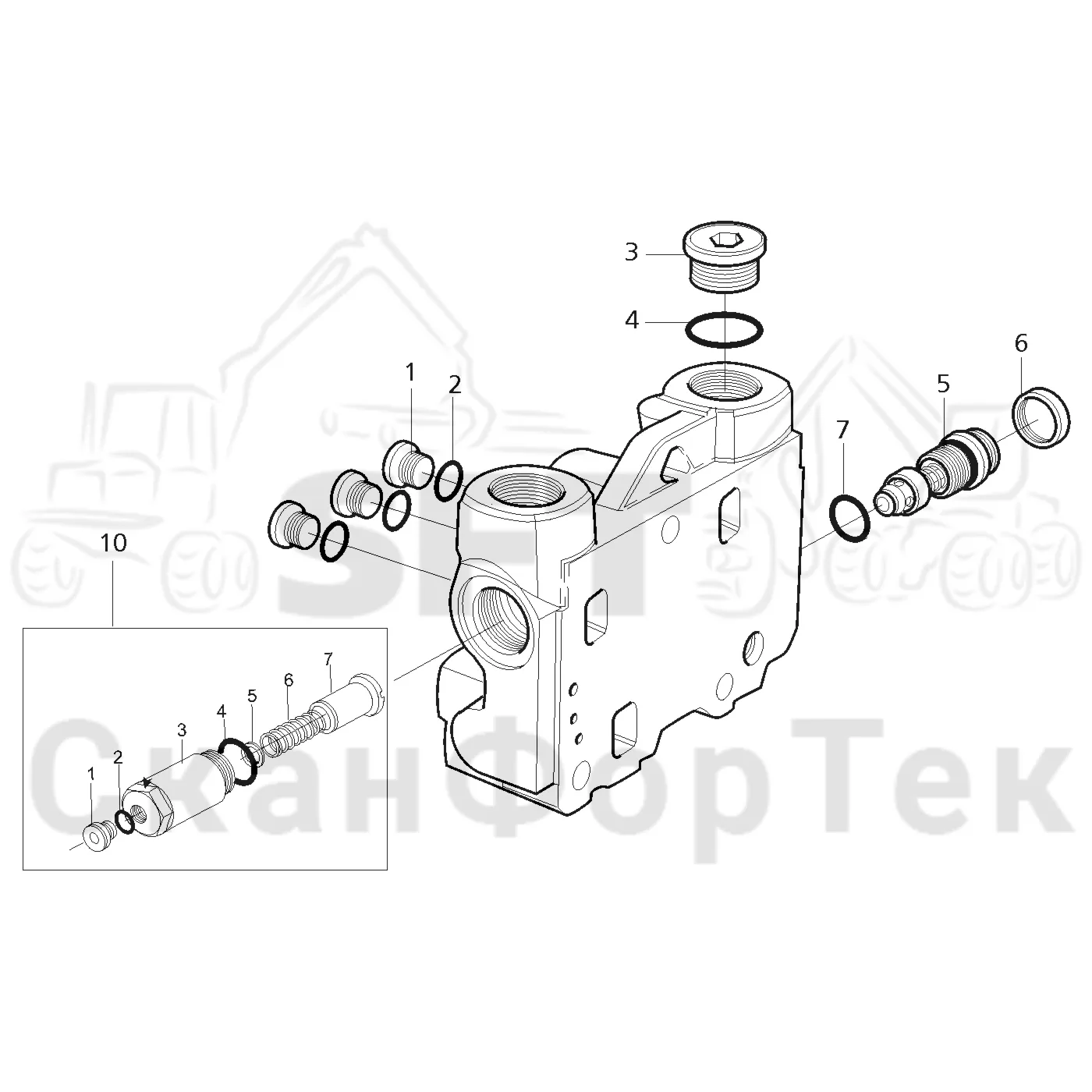 Схема: Komatsu / Форвардер / 890.3 / Каталог запасных частей / Гидравлика / Узел клапана / Впускная секция