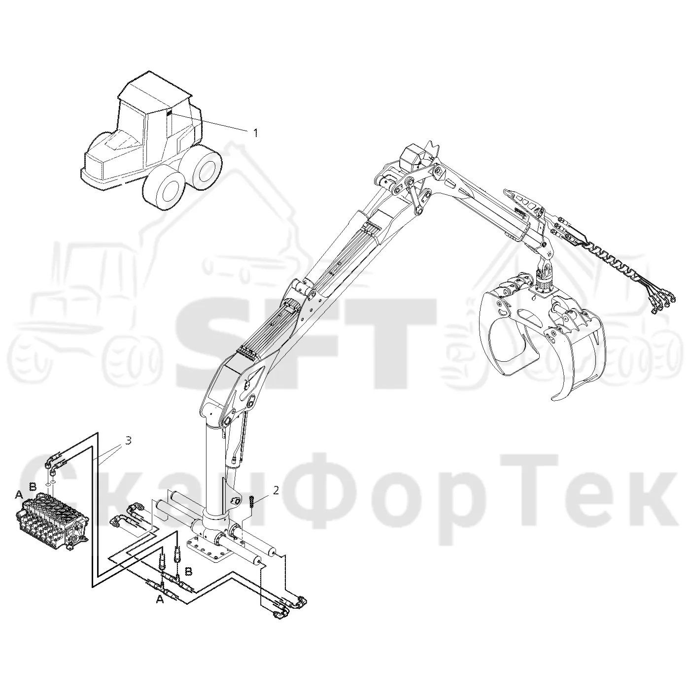 Схема: Valmet / Форвардер / Valmet 890.3 / Valmet 890.3 / Каталог запасных частей / Подъемный кран / Подвод шланга / Подвод шланга к подъемному крану CRF 14