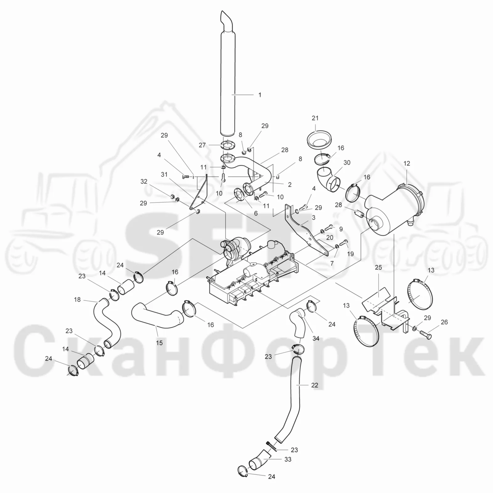 Схема: Valmet / Форвардер / Valmet 840.4 / Valmet 840.4 / Каталог запасных частей / Двигатель / Впуск - выпуск / Система впуска и выхлопа 8400041291-