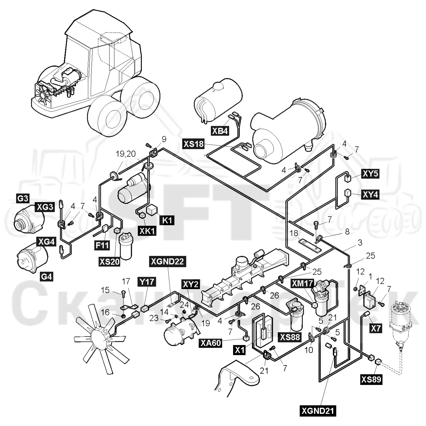 Схема: Valmet / Форвардер / Valmet 860.4 / Valmet 860.4 / Каталог запасных частей / Двигатель / Электрический / Комплект кабелей двигателя 8600041731-