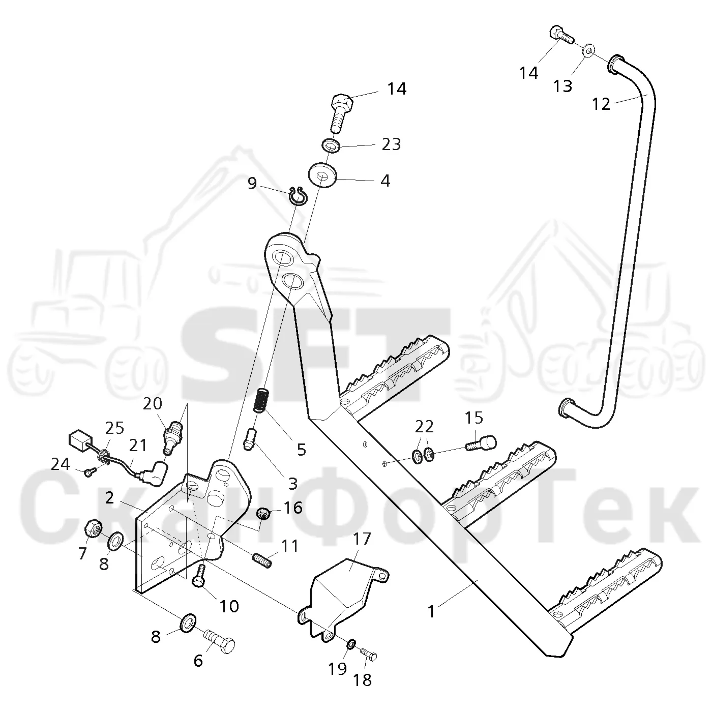 Схема: Valmet / Форвардер / Valmet 840.3 / Valmet 840.3 Ch. -311173 / Valmet 840.3 Ch. -311173 / Каталог запасных частей / шасси / Ступени, лестницы и платформы / Лестница бака гидравлического масла
