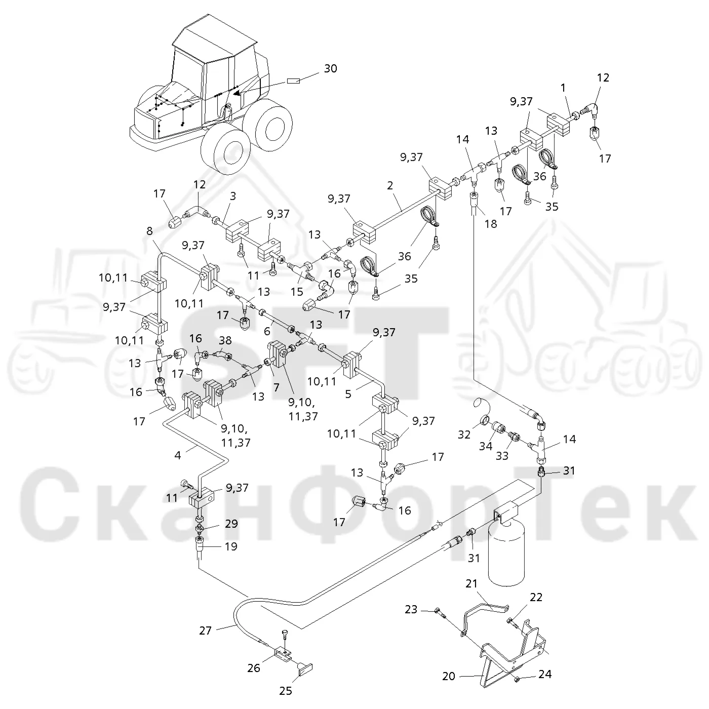 Схема: Komatsu / Форвардер / 840.4 / Каталог запасных частей / шасси / Пожаротушение / Трубопровод пожаротушения