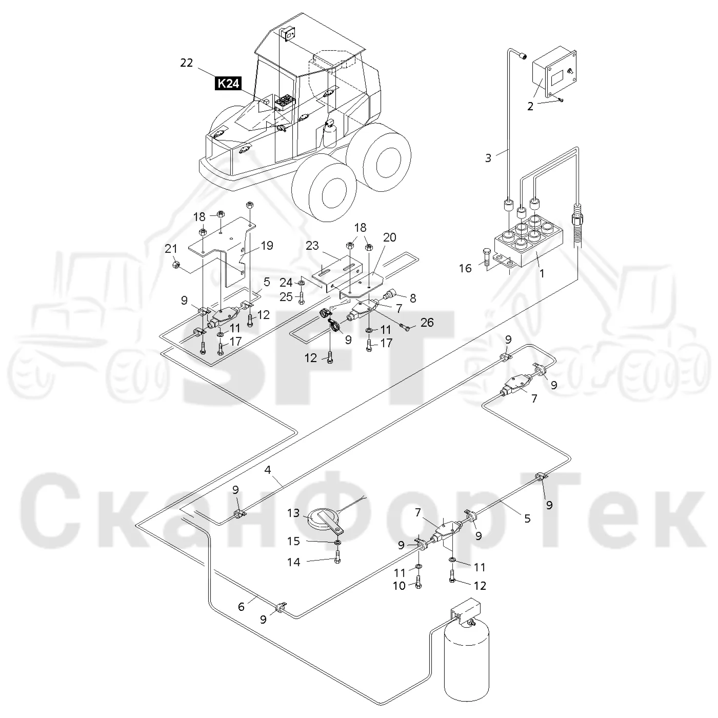 Схема: Komatsu / Форвардер / 860.4 / Каталог запасных частей / шасси / Пожаротушение / Комплект электрооборудования пожаротушения