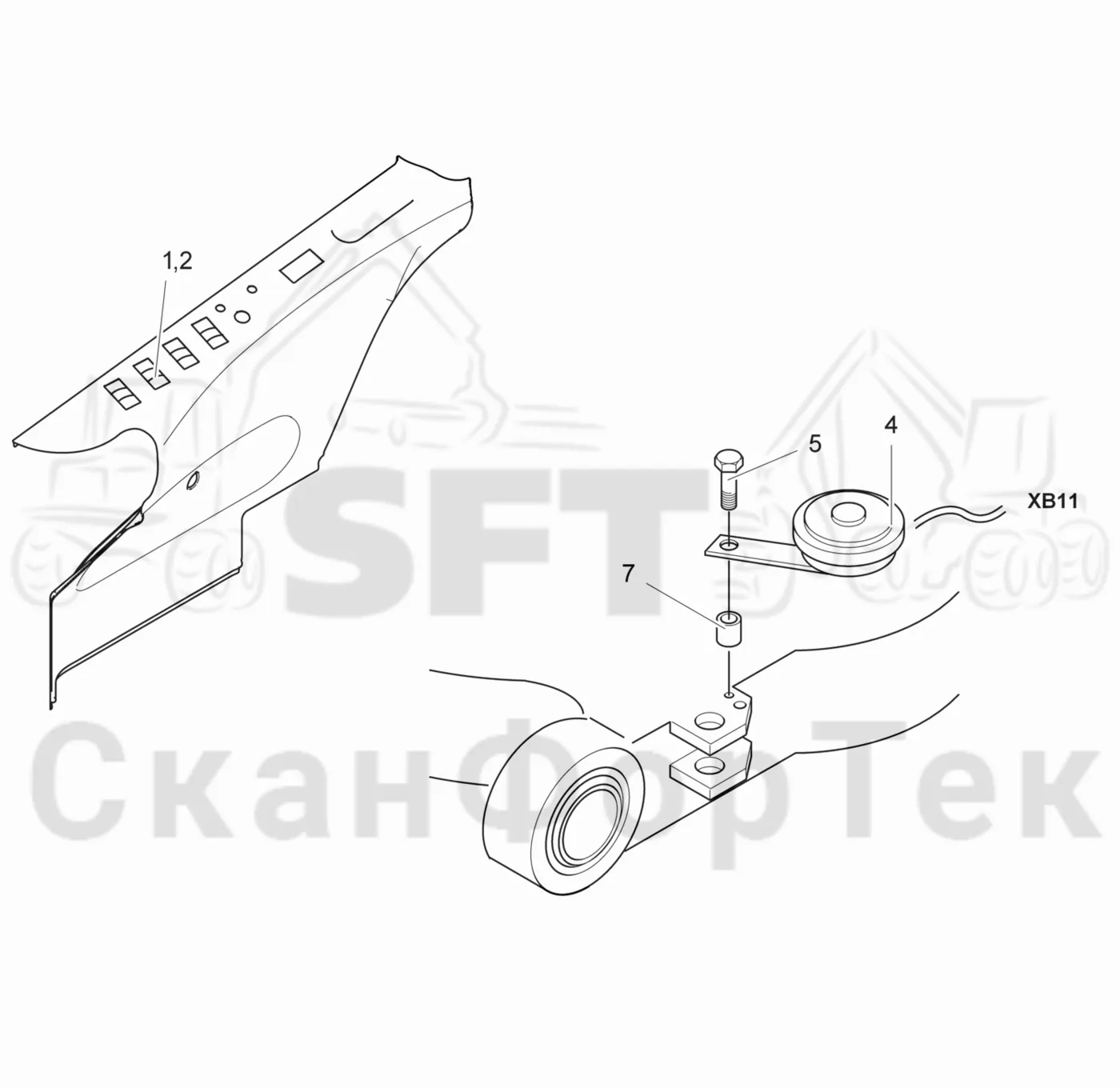Схема: Komatsu / Лесозаготовительные машины / 931 / Каталог запасных частей / Кабина / Кабина / Гудок
