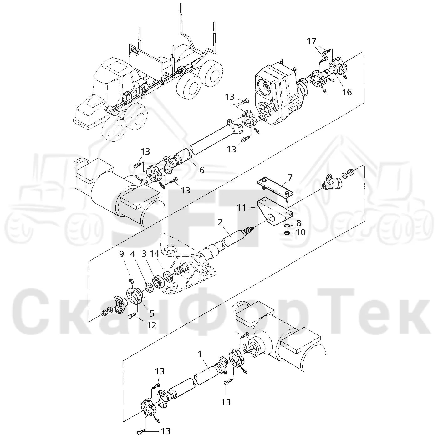 Схема: Komatsu / Форвардер / 860.4 / Каталог запасных частей / Коробка передач / Карданная передача / Карданная передача