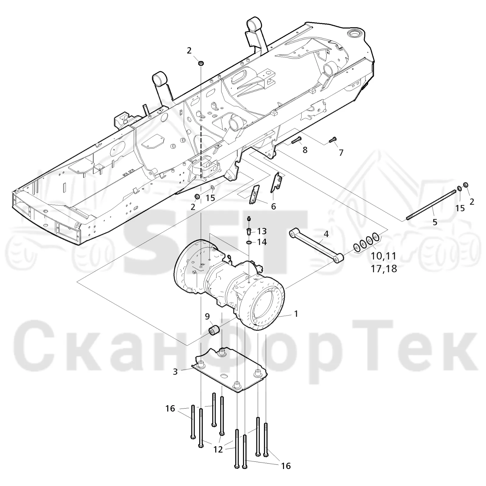 Схема: Komatsu / Форвардер / 860.4 / Каталог запасных частей / Коробка передач / Мост каретки / Передний агрегат каретки