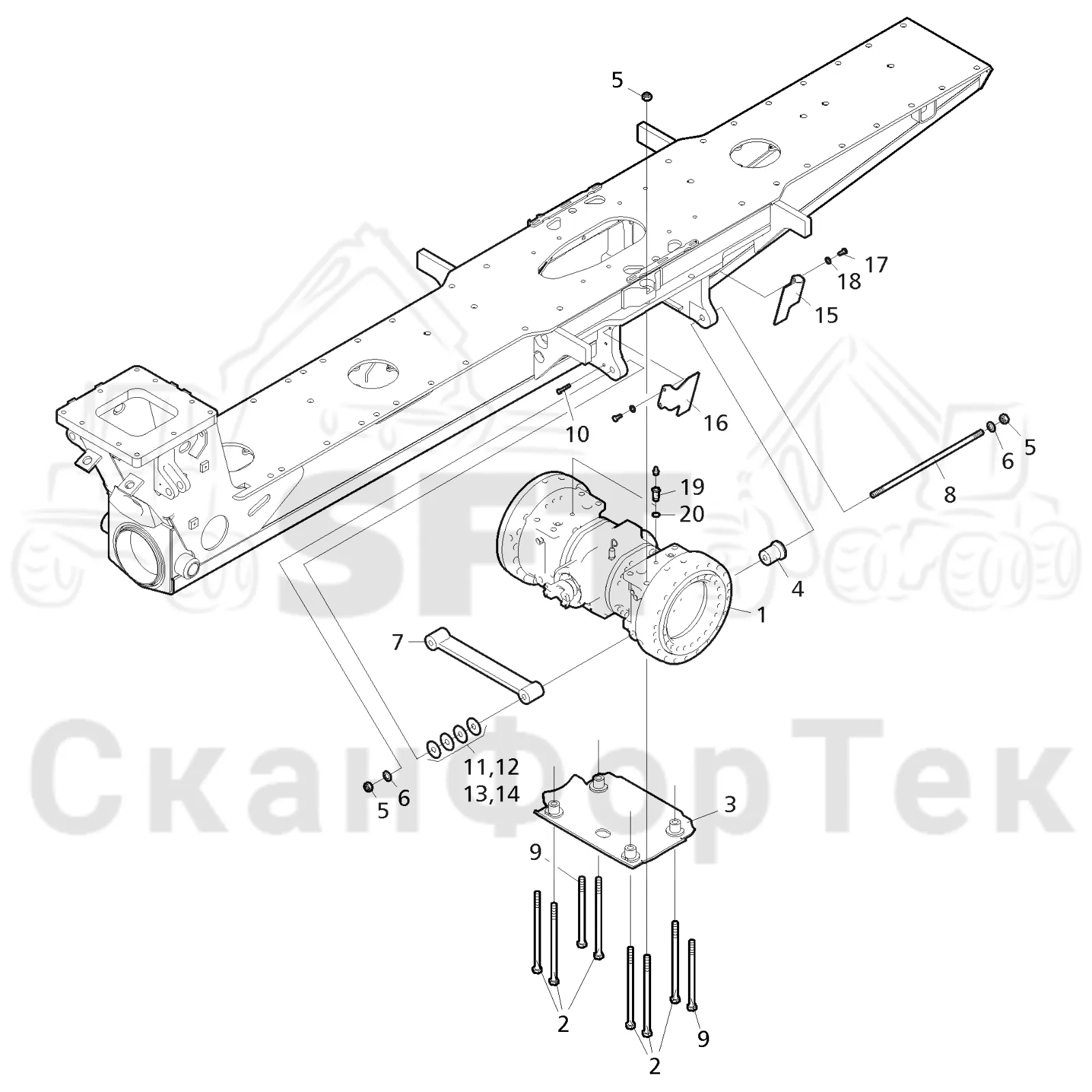 Схема: Komatsu / Форвардер / 860.4 / Каталог запасных частей / Коробка передач / Мост каретки / Задний агрегат каретки