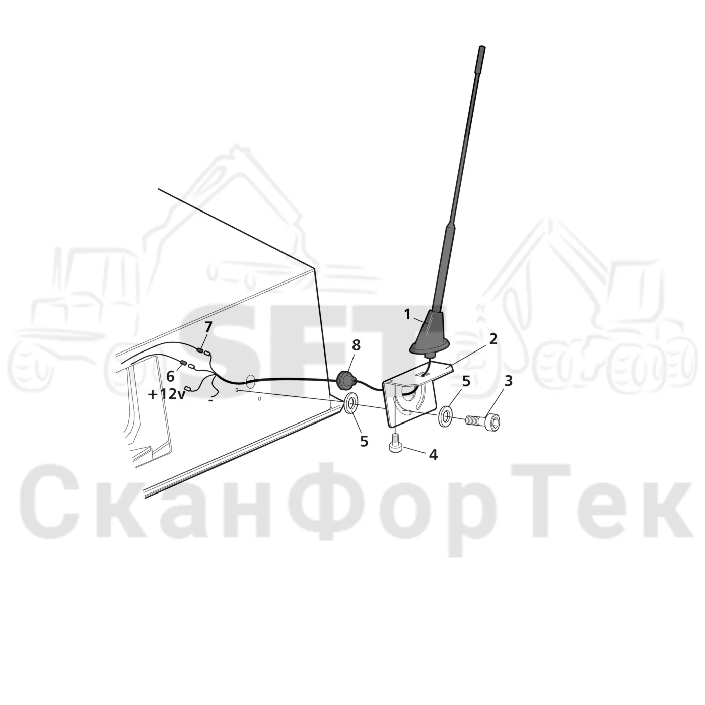 Схема: Valmet / Лесозаготовительные машины / Valmet 941 / Valmet 941 Ch -12070 / Valmet 941 Ch -12070 / Каталог запасных частей / Кабина / Кабина / Крепление антенны