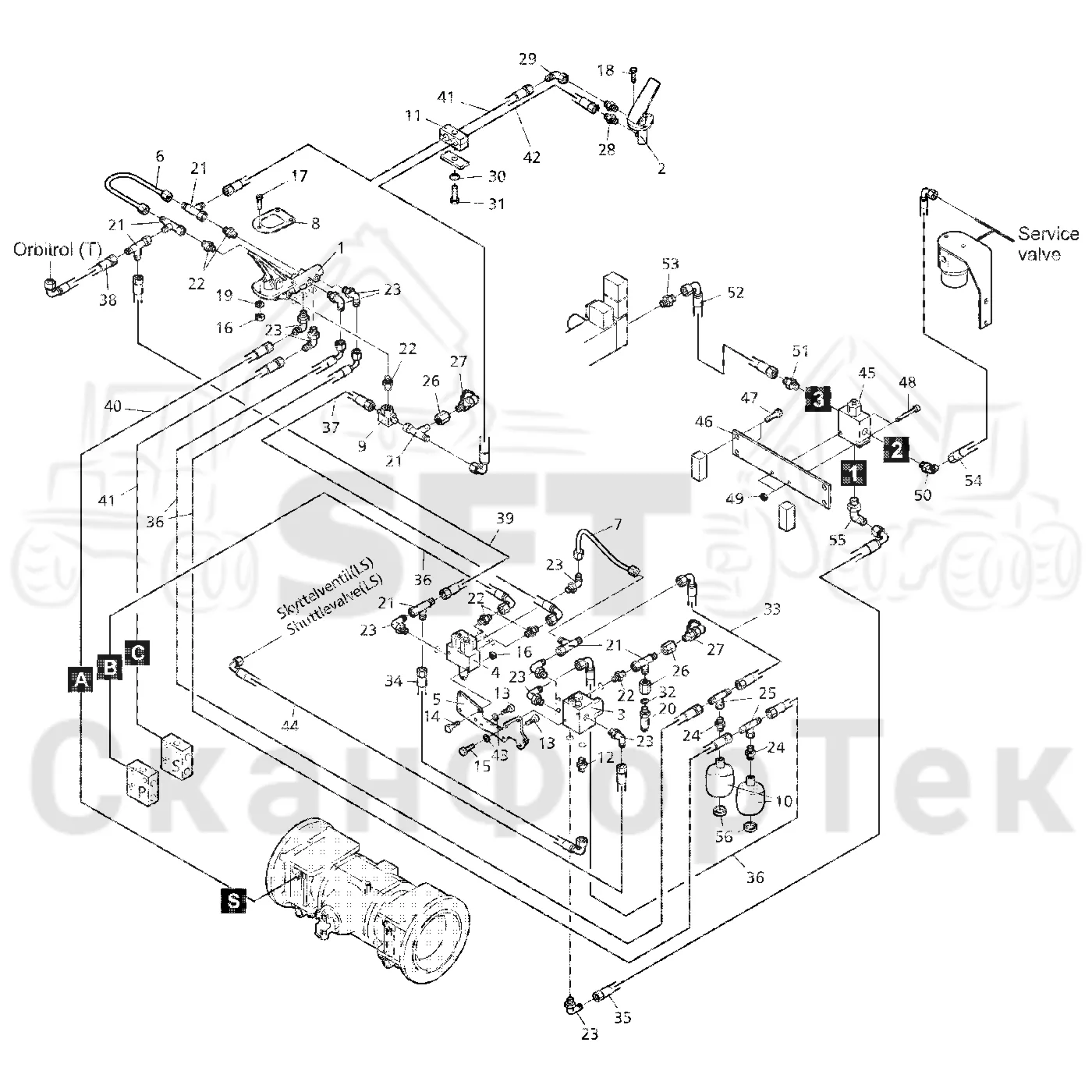 Схема: Valmet / Форвардер / Valmet 860.4 / Valmet 860.4 / Каталог запасных частей / Тормоза / Тормоза на 6 колес / Тормозная система