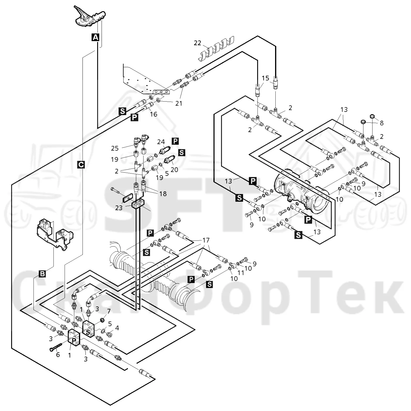 Схема: Valmet / Форвардер / Valmet 860.4 / Valmet 860.4 / Каталог запасных частей / Тормоза / Тормоза на 6 колес / Тормозная система