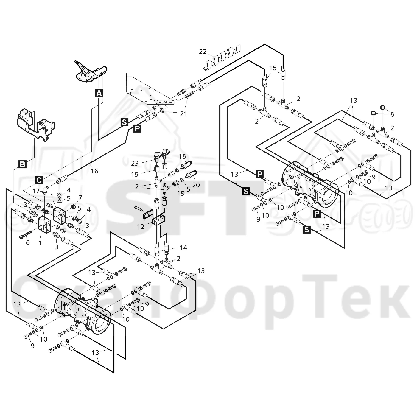 Схема: Komatsu / Форвардер / 840TX / Каталог запасных частей / Тормоза / Тормоза на 8 колес / Тормозная система