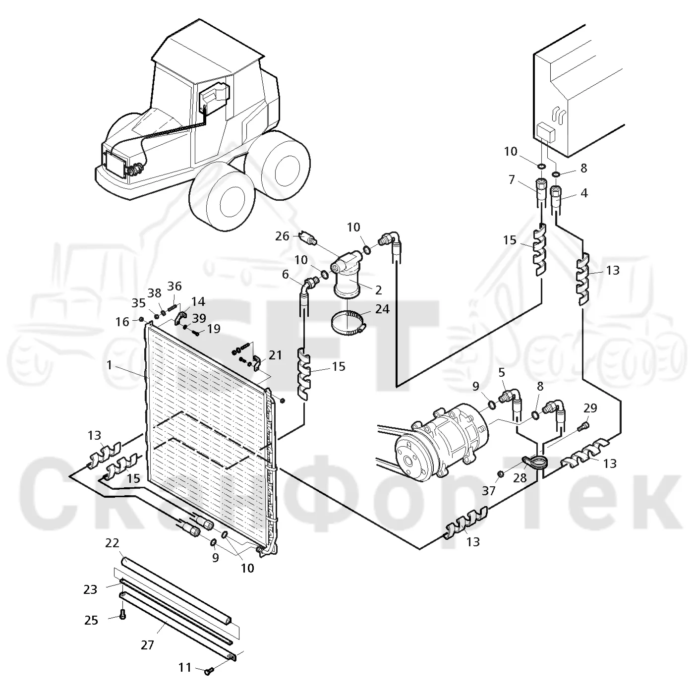 Схема: Valmet / Форвардер / Valmet 840TX / Valmet 840TX / Каталог запасных частей / Кабина / Система обогрева и охлаждения / Агрегат кондиционирования воздуха