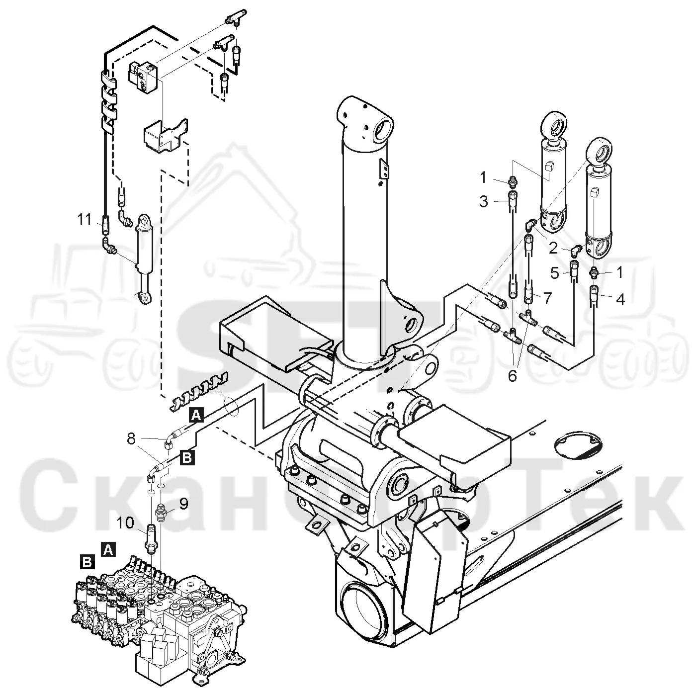 Схема: Valmet / Форвардер / Valmet 860.4 / Valmet 860.4 / Каталог запасных частей / Подъемный кран / Подъемный кран / Valmet CRF 11 Ch. V1001- / Каталог запасных частей / CRF 11 Combi ProTec Tilt / Комплект шланга
