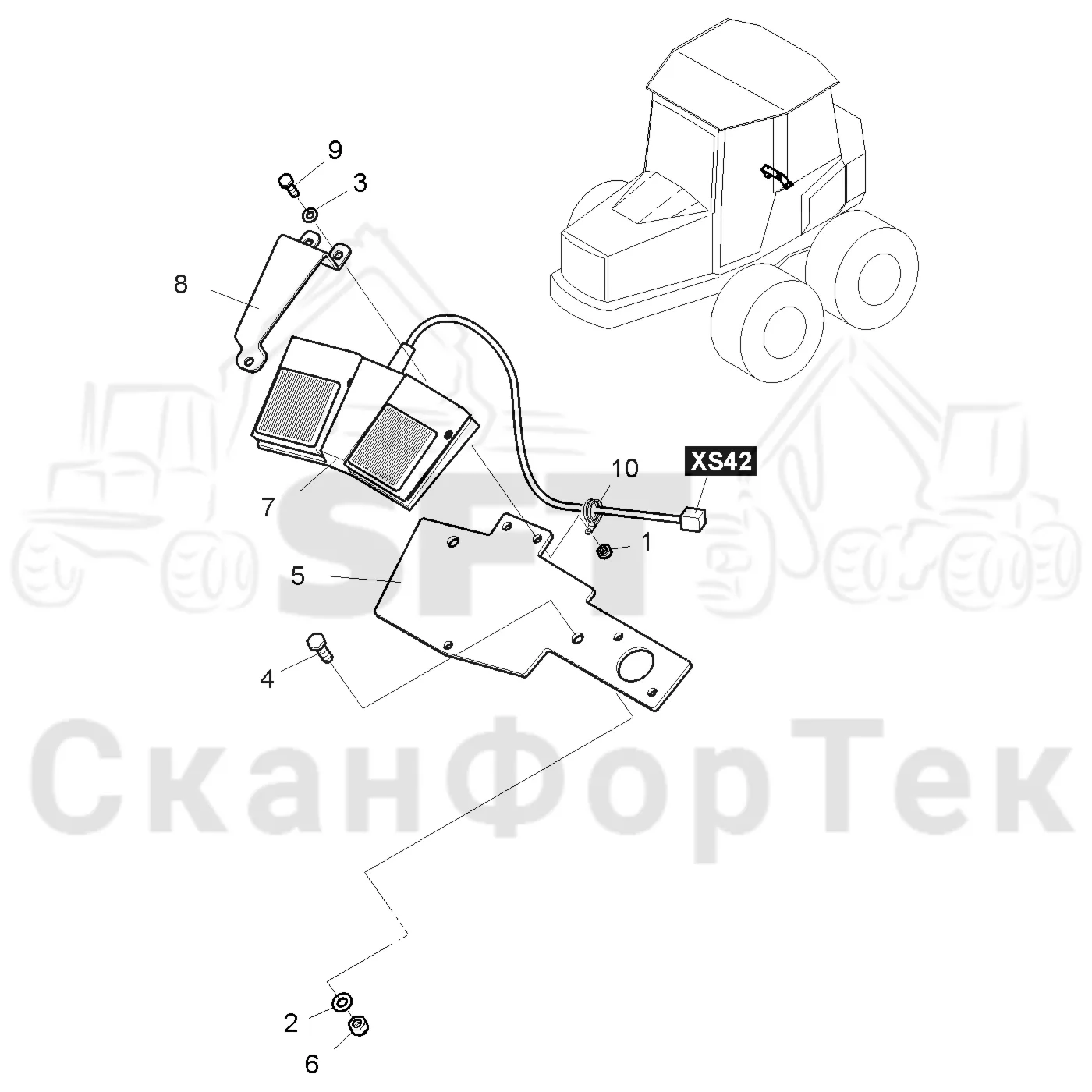 Схема: Komatsu / Форвардер / 860.4 / Каталог запасных частей / Подъемный кран / кран наклона / Педаль
