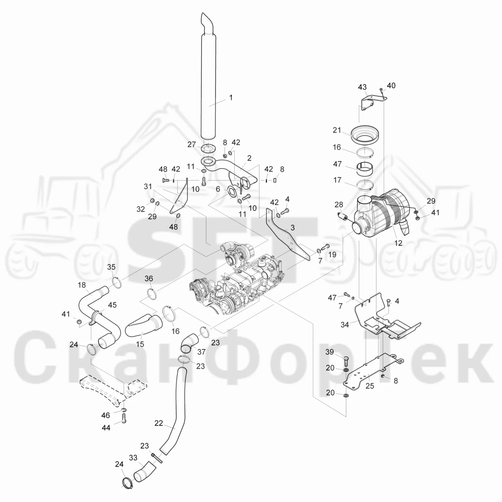 Схема: Valmet / Форвардер / Valmet 840TX / Valmet 840TX / Каталог запасных частей / Двигатель / Впуск - выпуск / Система впуска и выхлопа