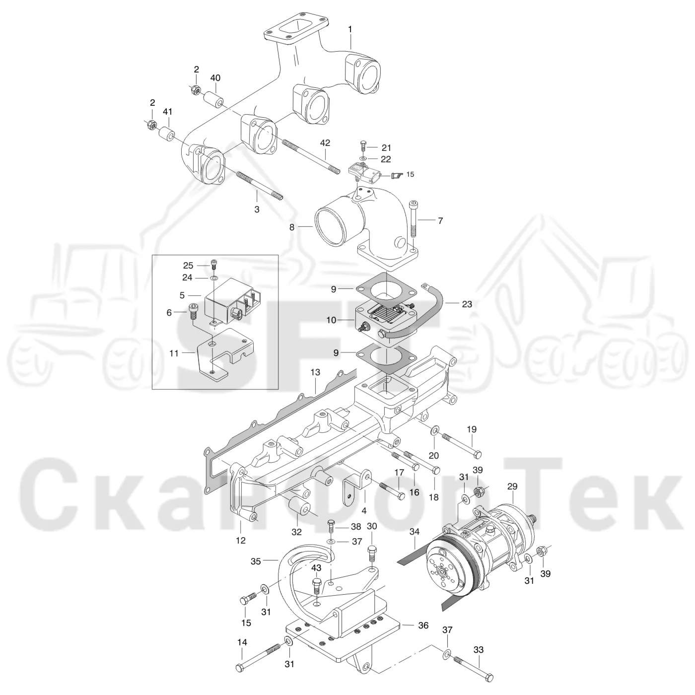 Схема: Valmet / Форвардер / Valmet 840TX / Valmet 840TX / Каталог запасных частей / Двигатель / Впуск - выпуск / Впускной и выпускной коллектор