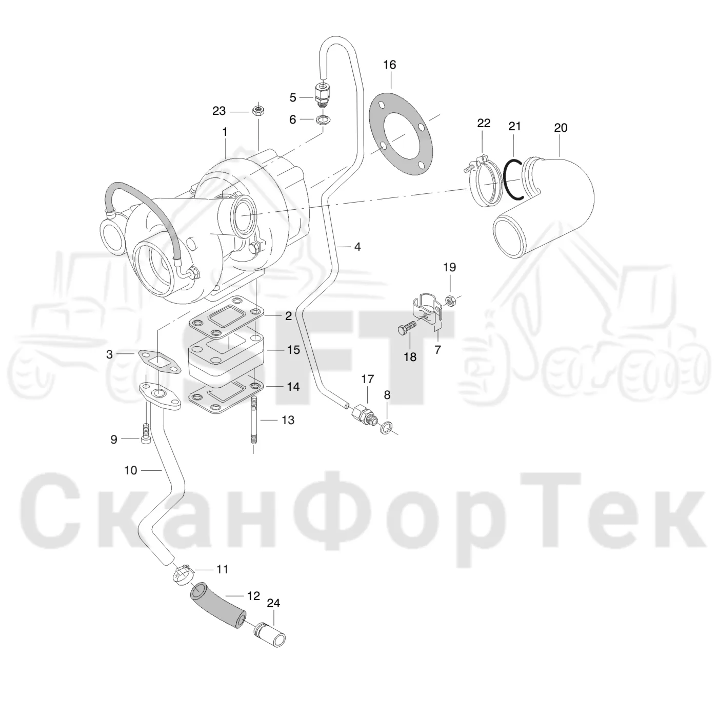Схема: Valmet / Форвардер / Valmet 840TX / Valmet 840TX / Каталог запасных частей / Двигатель / Впуск - выпуск / Трубопроводы к турбоагрегату