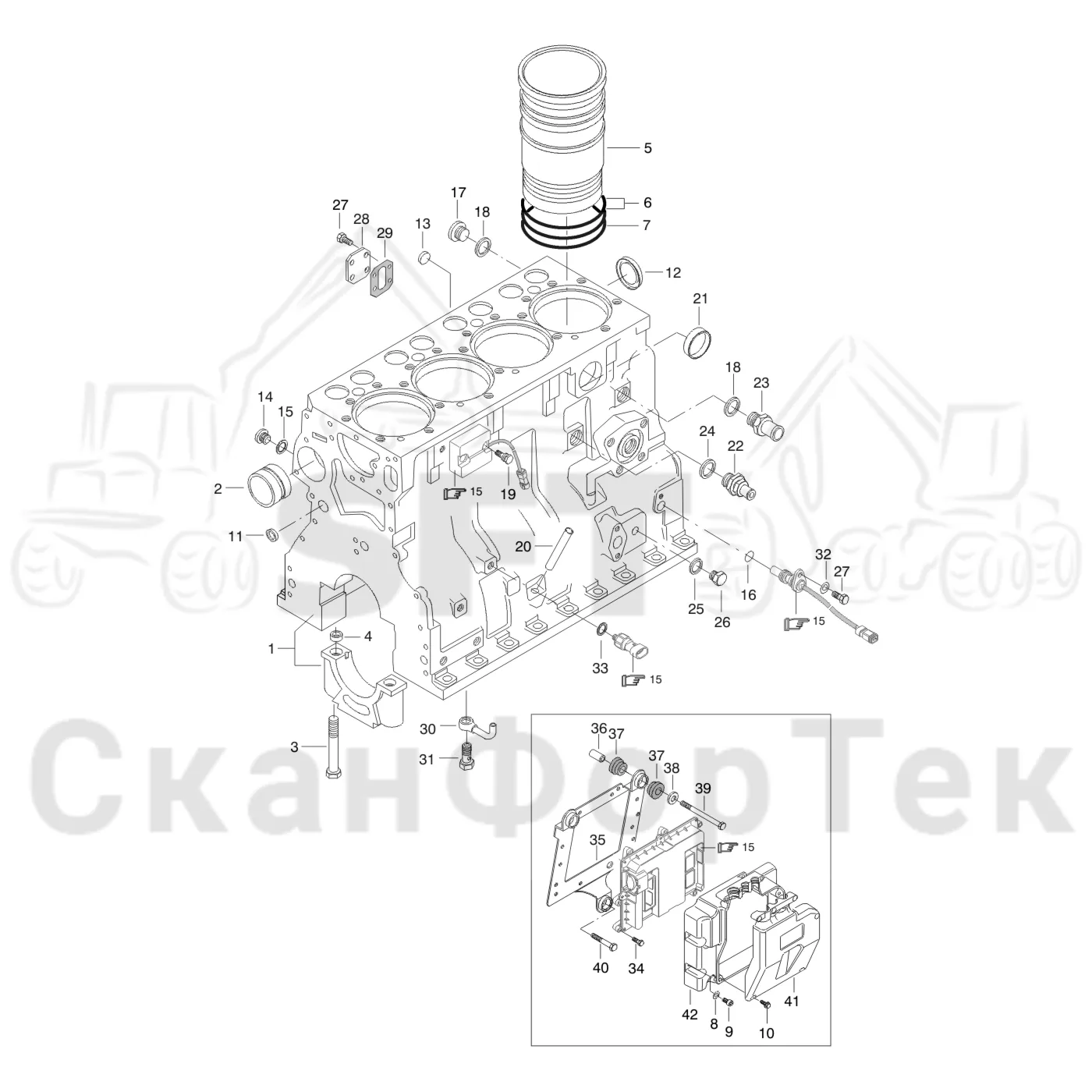 Схема: Valmet / Форвардер / Valmet 840TX / Valmet 840TX / Каталог запасных частей / Двигатель / Блок двигателя / Блок цилиндров