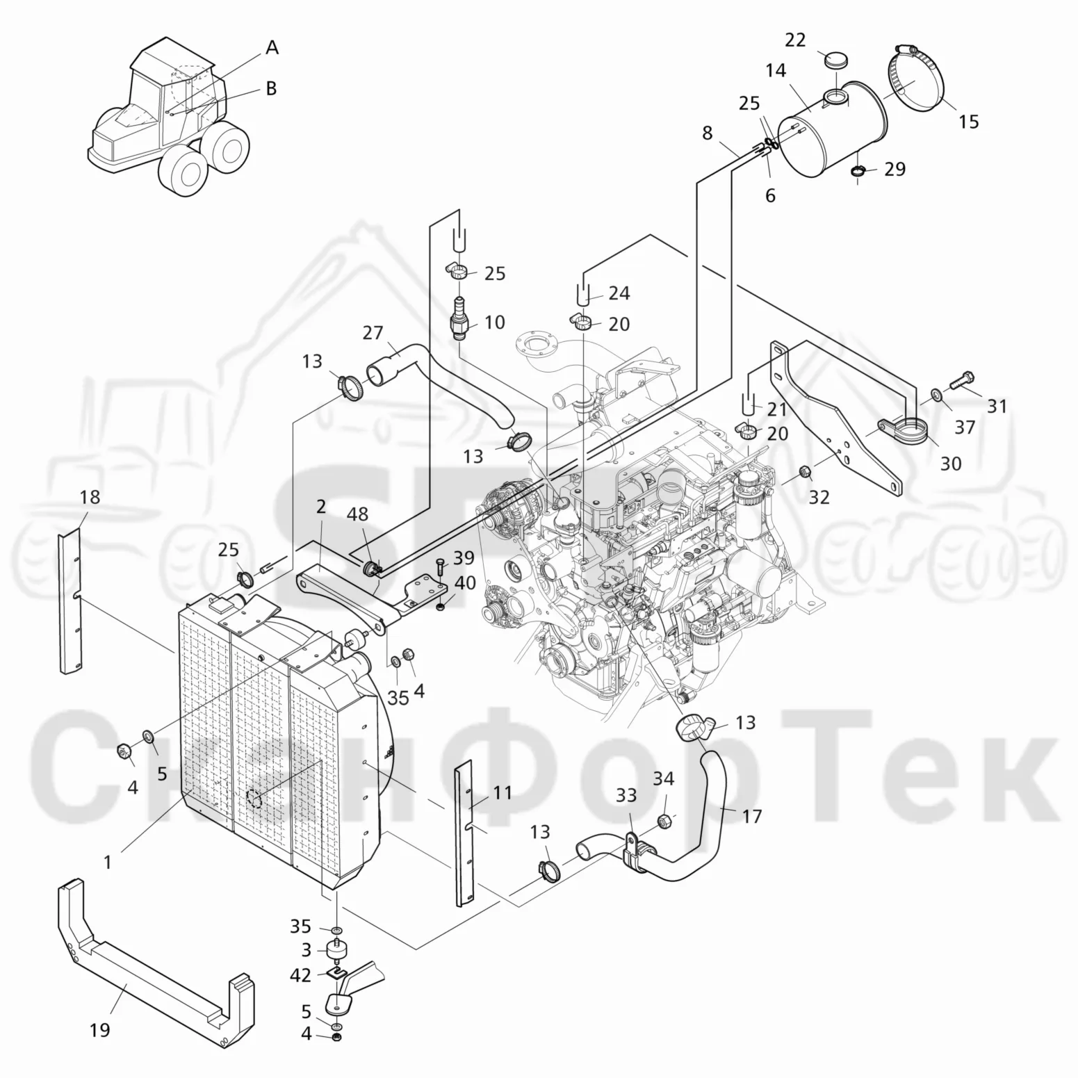 Схема: Valmet / Форвардер / Valmet 840TX / Valmet 840TX / Каталог запасных частей / Двигатель / Система охлаждения / Система охлаждения двигателя