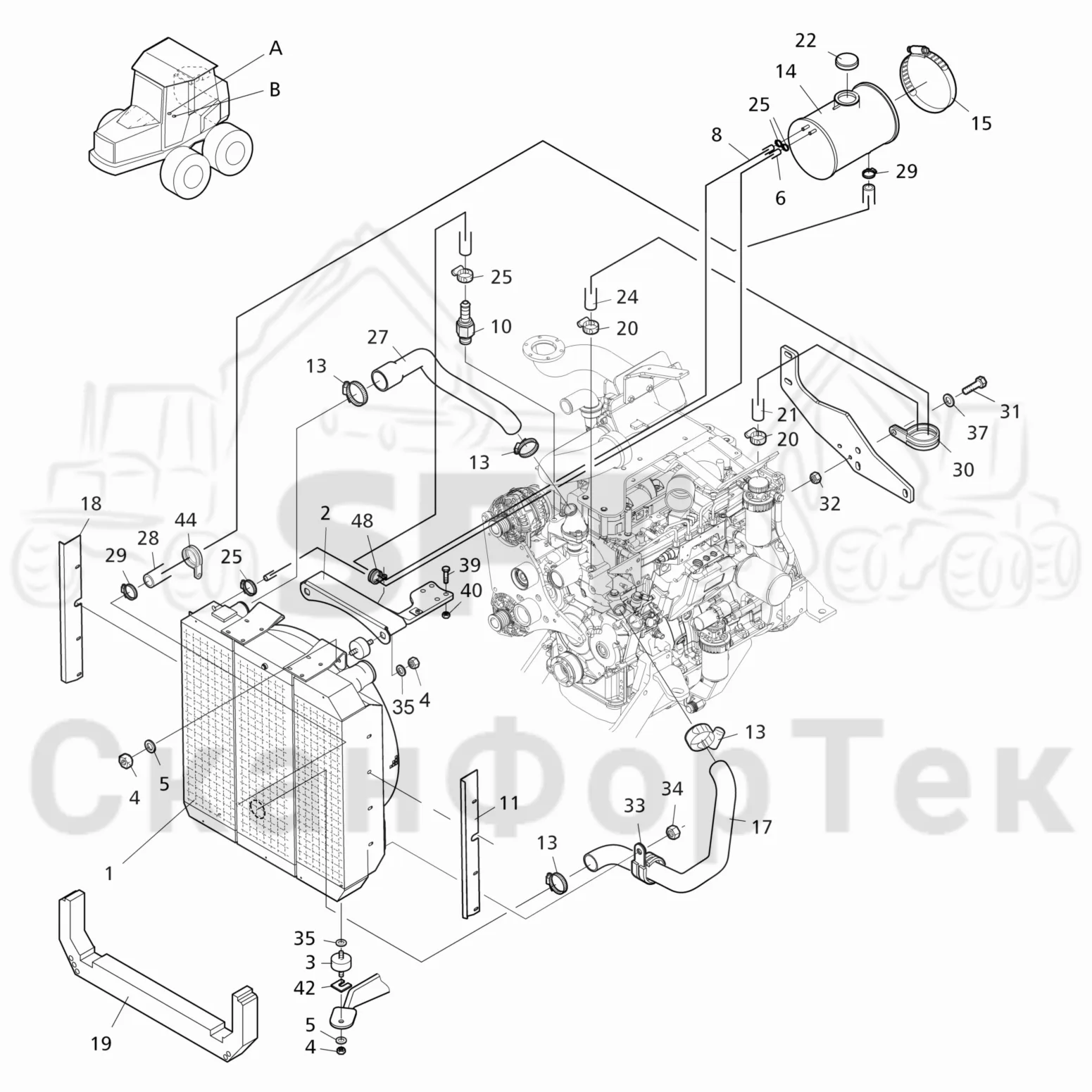 Схема: Komatsu / Форвардер / 840TX / Каталог запасных частей / Двигатель / Система охлаждения / Система охлаждения двигателя  8401000351-