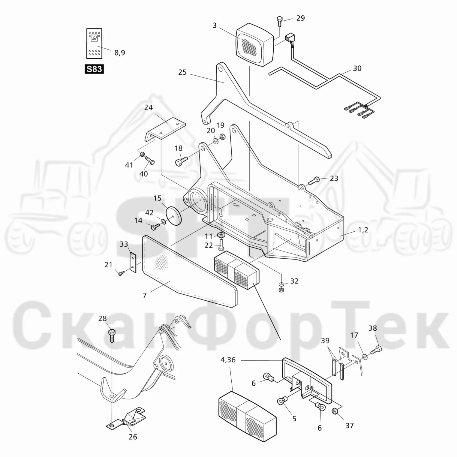Схема: Valmet / Форвардер / Valmet 840TX / Valmet 840TX / Каталог запасных частей / шасси / Электрический Оборудование / Рабочие лампы, галогеновые