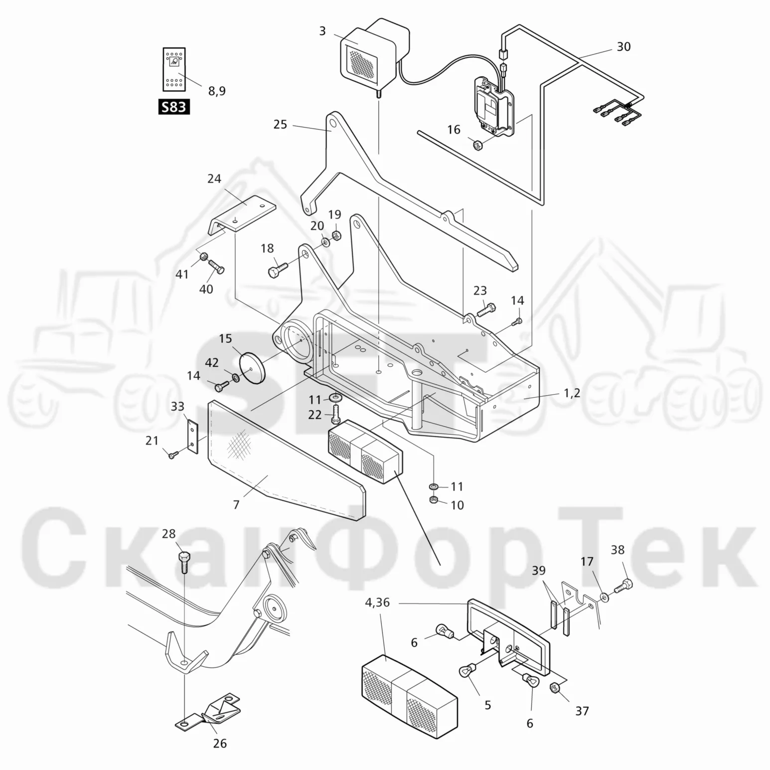 Схема: Valmet / Форвардер / Valmet 840TX / Valmet 840TX / Каталог запасных частей / шасси / Электрический Оборудование / Рабочие лампы, ксеноновые