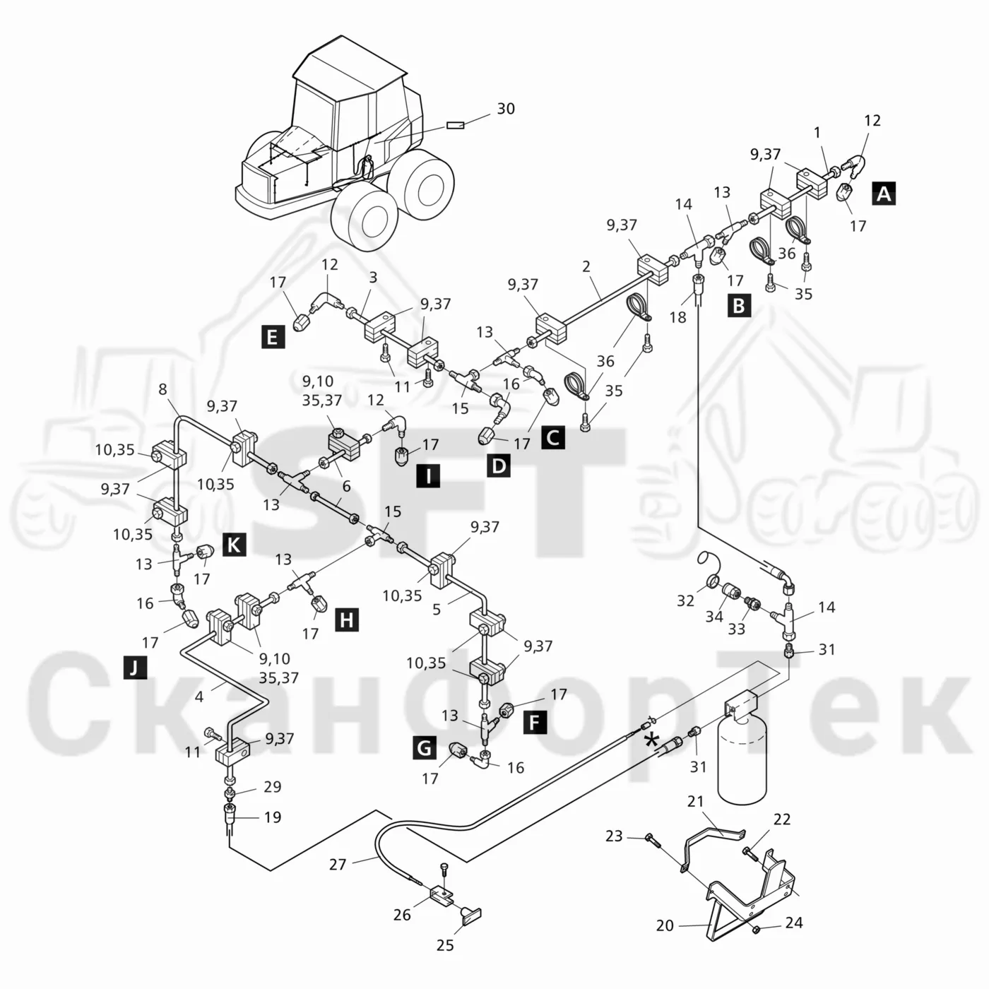 Схема: Valmet / Форвардер / Valmet 840TX / Valmet 840TX / Каталог запасных частей / шасси / Пожаротушение / Трубопровод пожаротушения