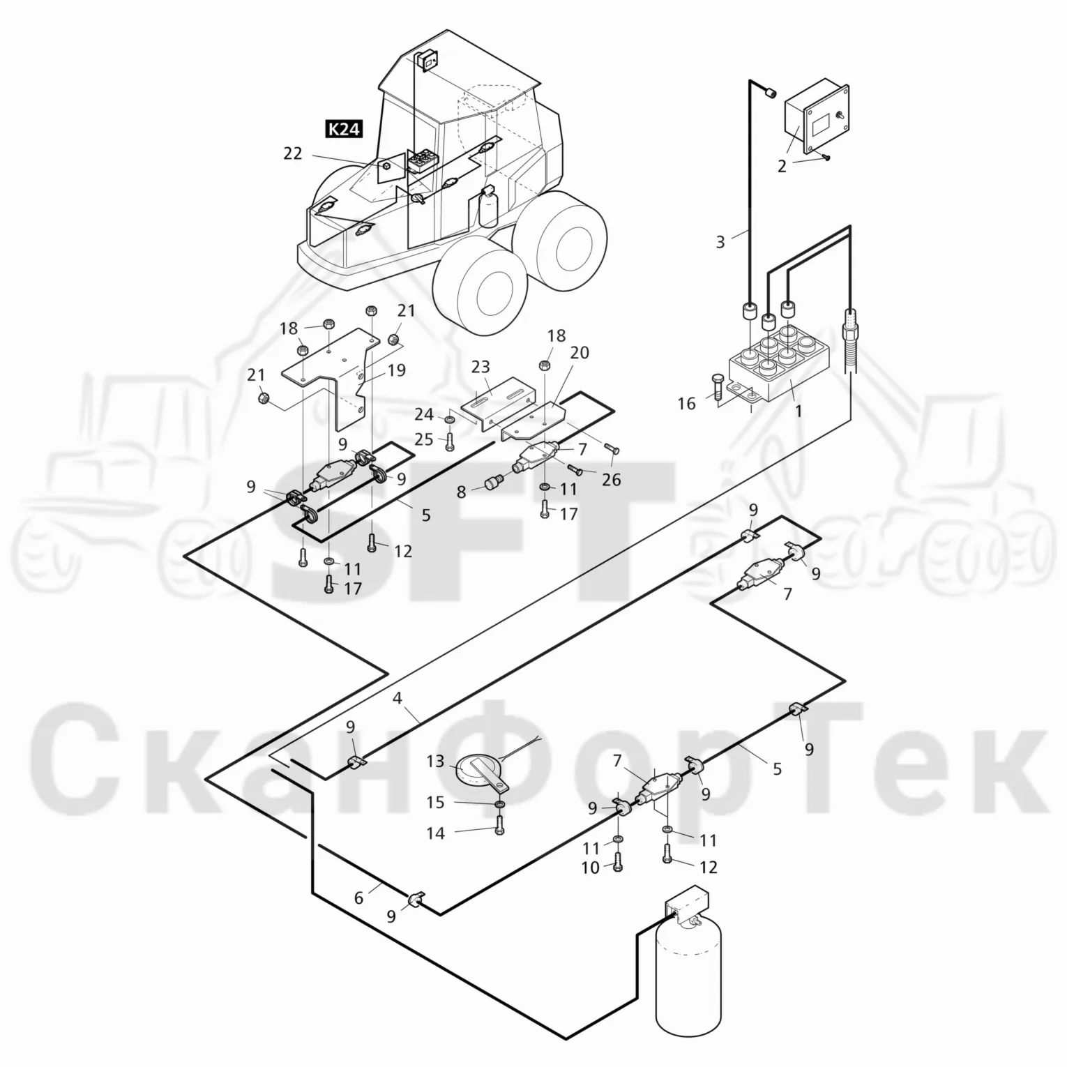 Схема: Valmet / Форвардер / Valmet 840TX / Valmet 840TX / Каталог запасных частей / шасси / Пожаротушение / Комплект электрооборудования пожаротушения