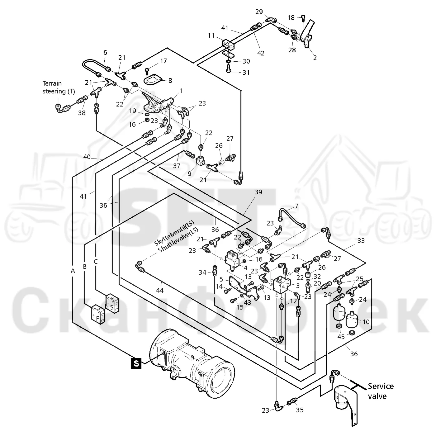 Схема: Valmet / Форвардер / Valmet 840.4 / Valmet 840.4 / Каталог запасных частей / Тормоза / Тормоза на 6 колес / Тормозная система