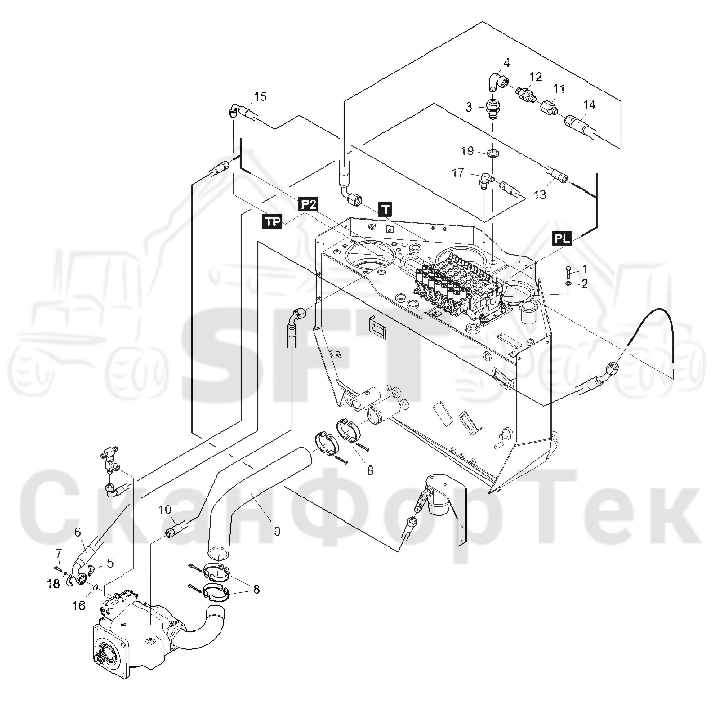 Схема: Valmet / Форвардер / Valmet 840.3 / Valmet 840.3 Ch. 311174- / Valmet 840.3 Ch. 311174- / Каталог запасных частей / Гидравлика / Гидравлические насосы / Подвод шланга 145cc
