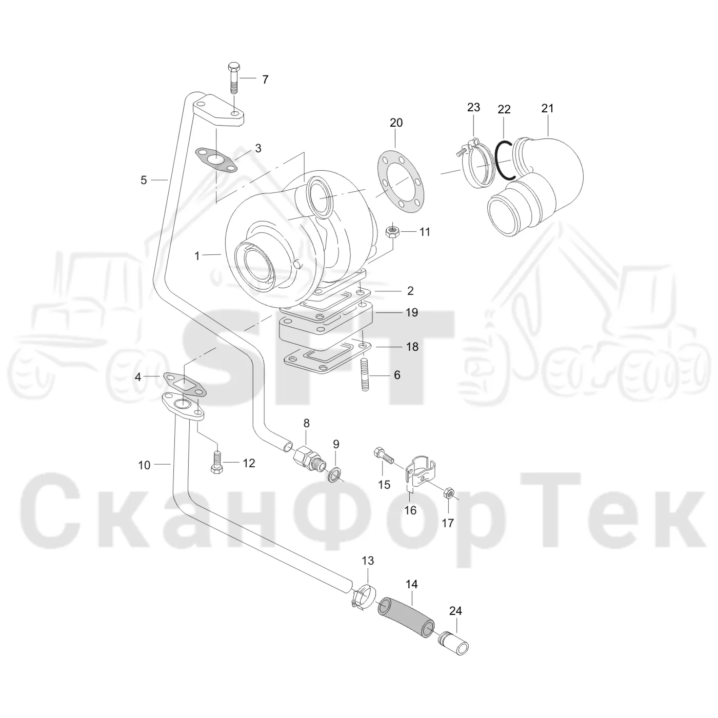 Схема: Valmet / Форвардер / Valmet 840.4 / Valmet 840.4 / Каталог запасных частей / Двигатель / Впуск - выпуск / Трубопроводы к турбоагрегату