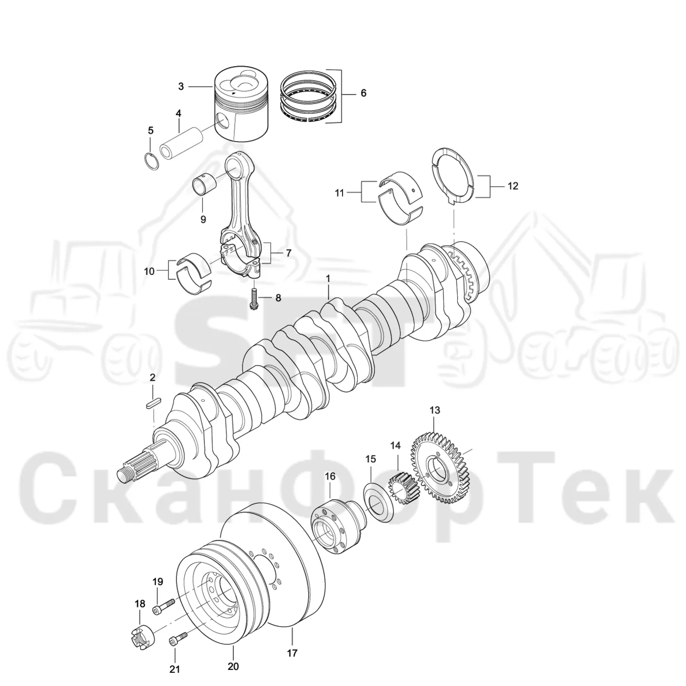 Схема: Valmet / Лесозаготовительные машины / Valmet 901.3 / Valmet 901.3 Ch. 311191- / Valmet 901.3 Ch. 311191- / Каталог запасных частей / Двигатель / Двигатель 311346- / Блок двигателя / Коленвал