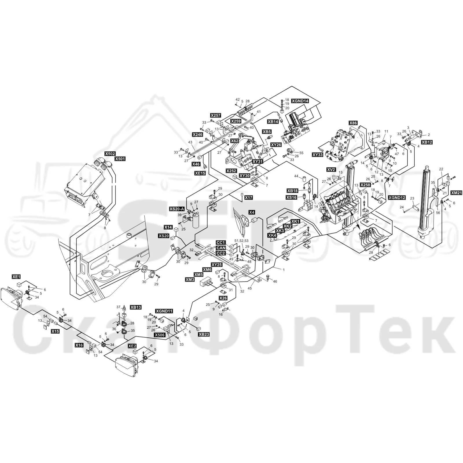 Схема: Komatsu / Форвардер / 855 / Каталог запасных частей / шасси / Электрический Оборудование / Комплект кабелей передней рамы