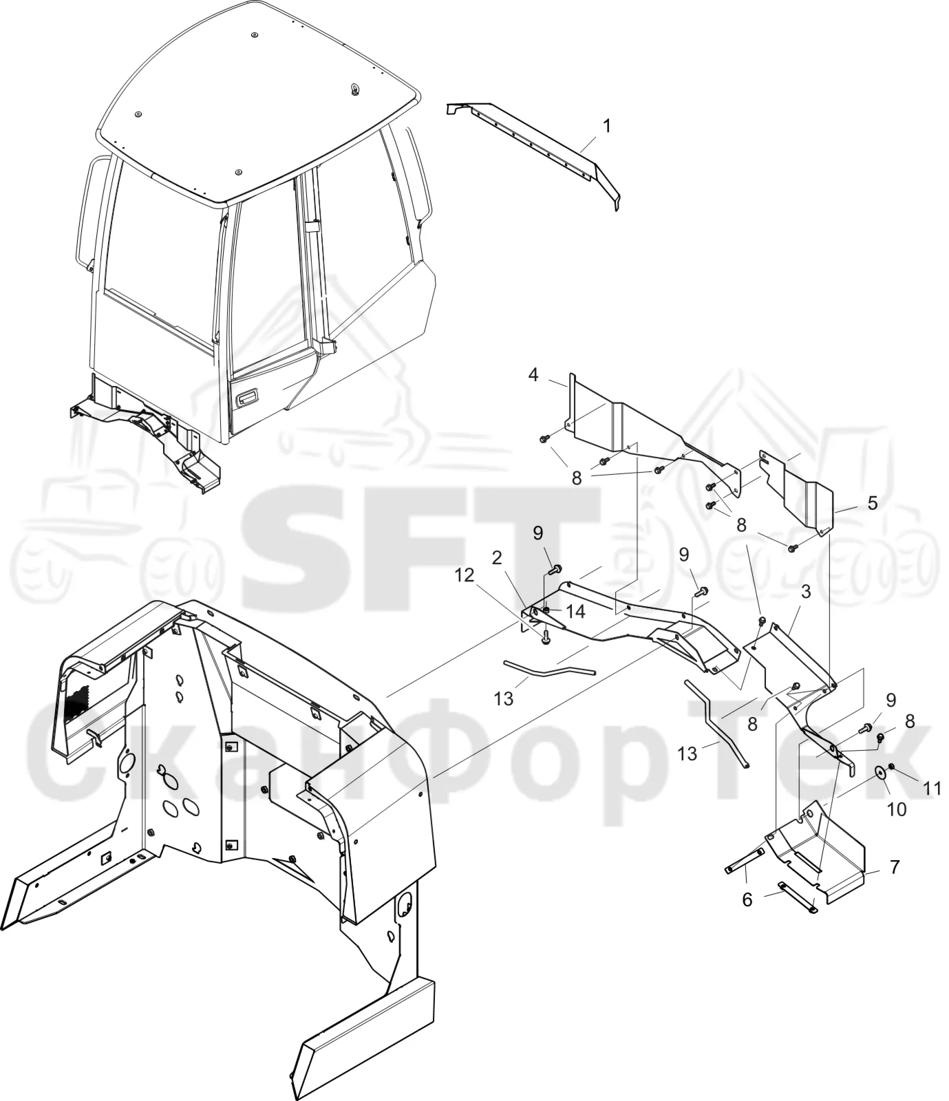 Схема: Komatsu / Форвардер / 895 / Каталог запасных частей / шасси / Капоты и крышки / Защитные крышки под кабиной