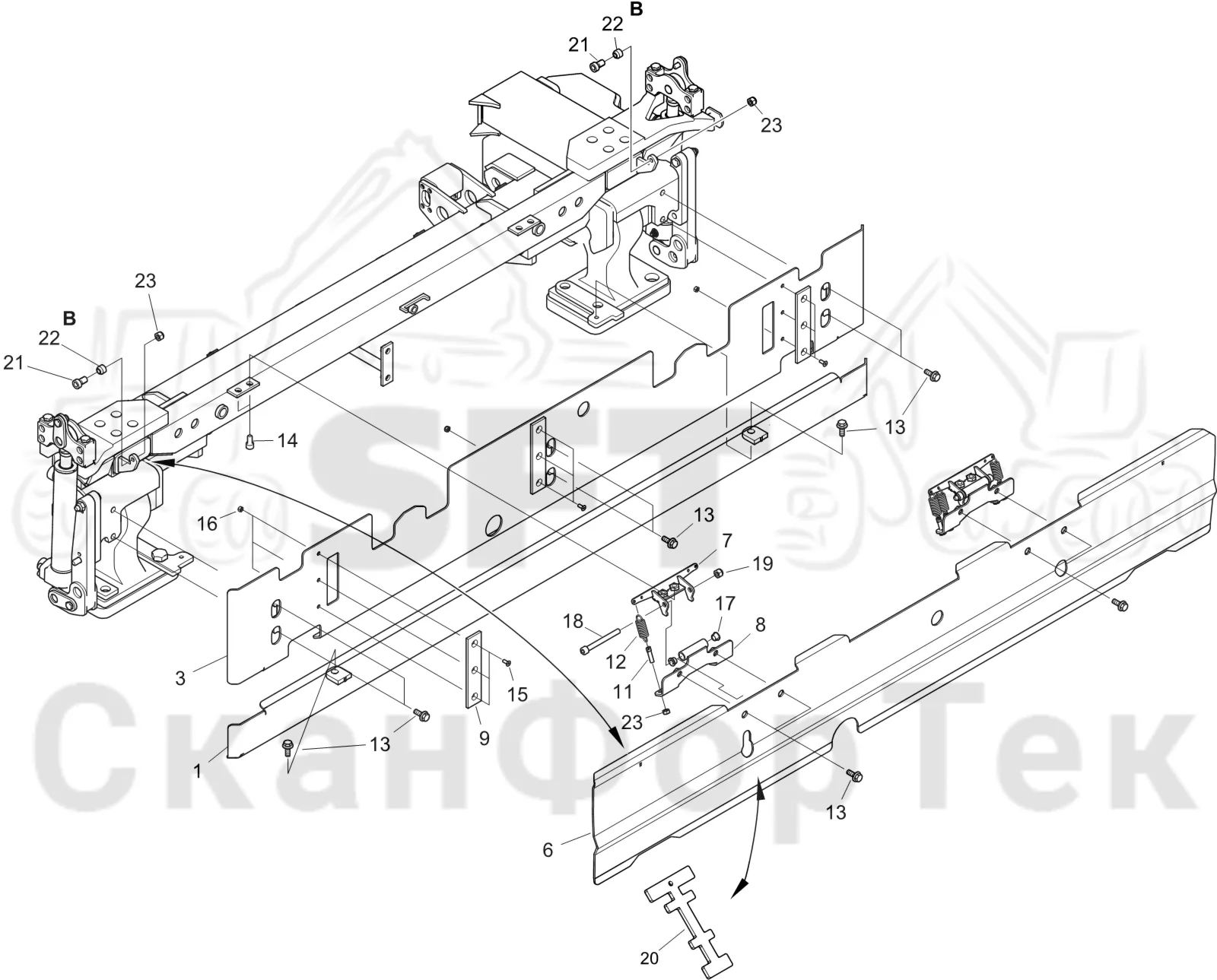 Схема: Komatsu / Форвардер / 855.1 / 855.1 / Каталог запасных частей / шасси / Капоты и крышки / Защитные крышки под кабиной Comfort Ride