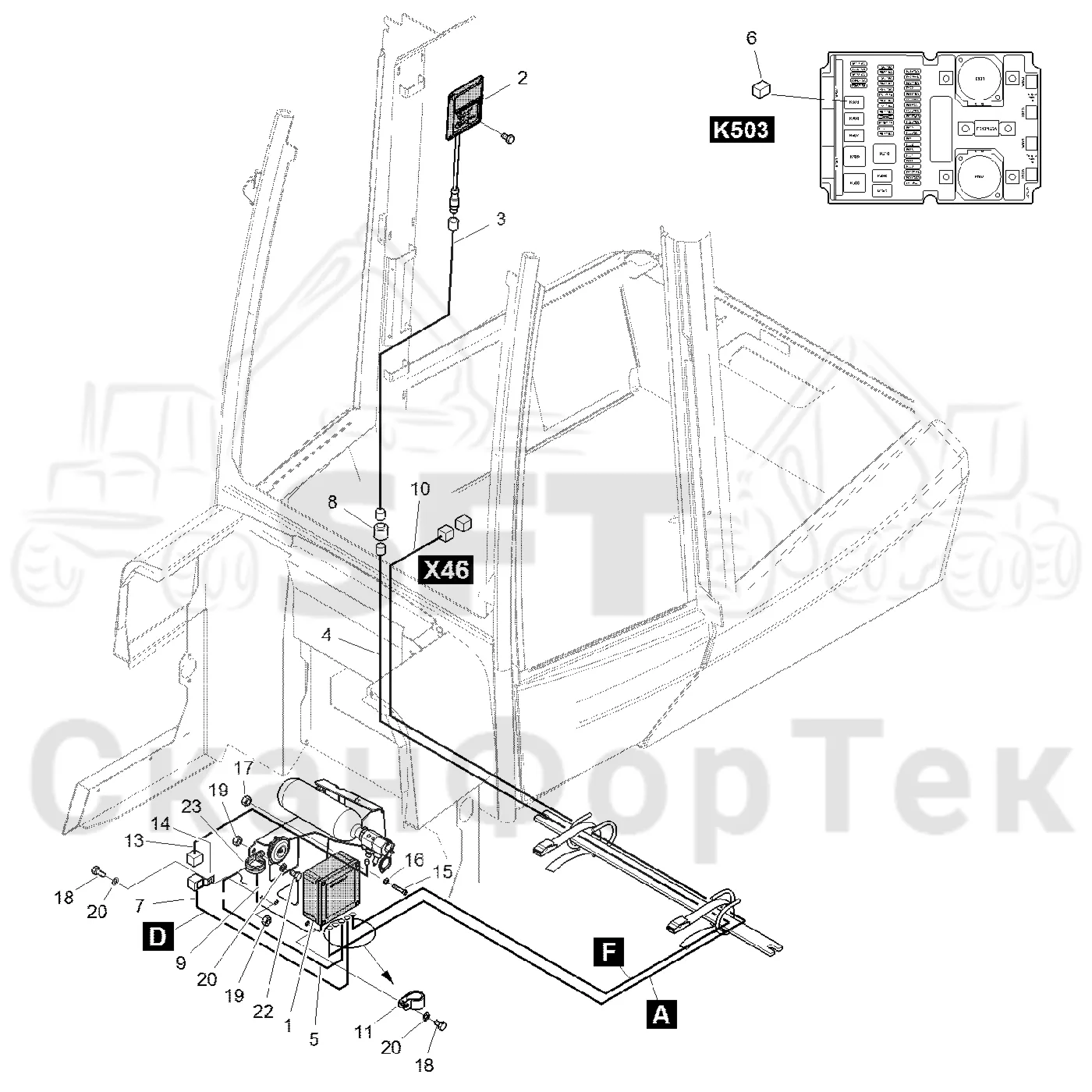 Схема: Komatsu / Форвардер / 855.1 / 855.1 / Каталог запасных частей / шасси / Пожаротушение / Комплект электрооборудования пожаротушения