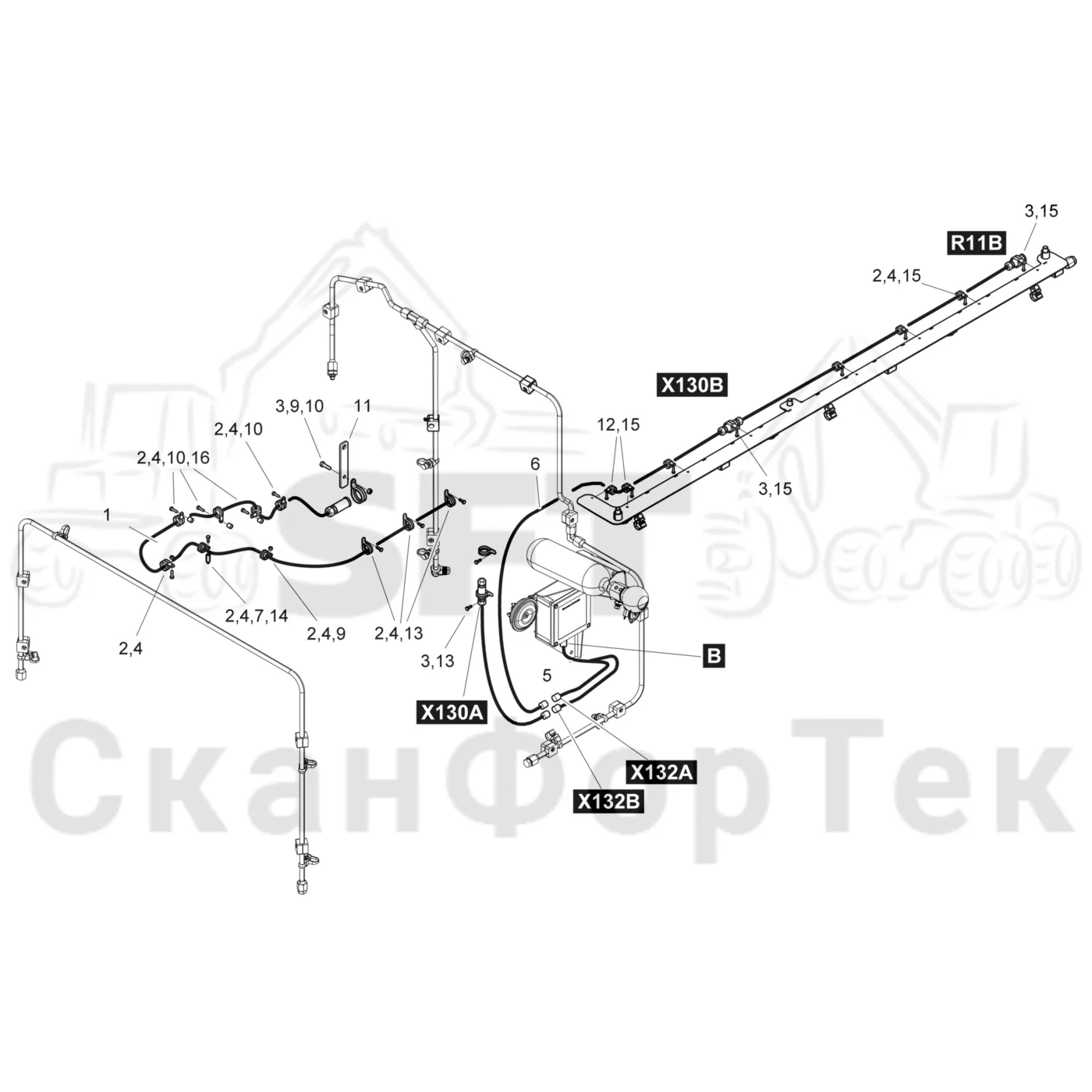 Схема: Komatsu / Форвардер / 855 / Каталог запасных частей / шасси / Пожаротушение / Комплект электрооборудования пожаротушения